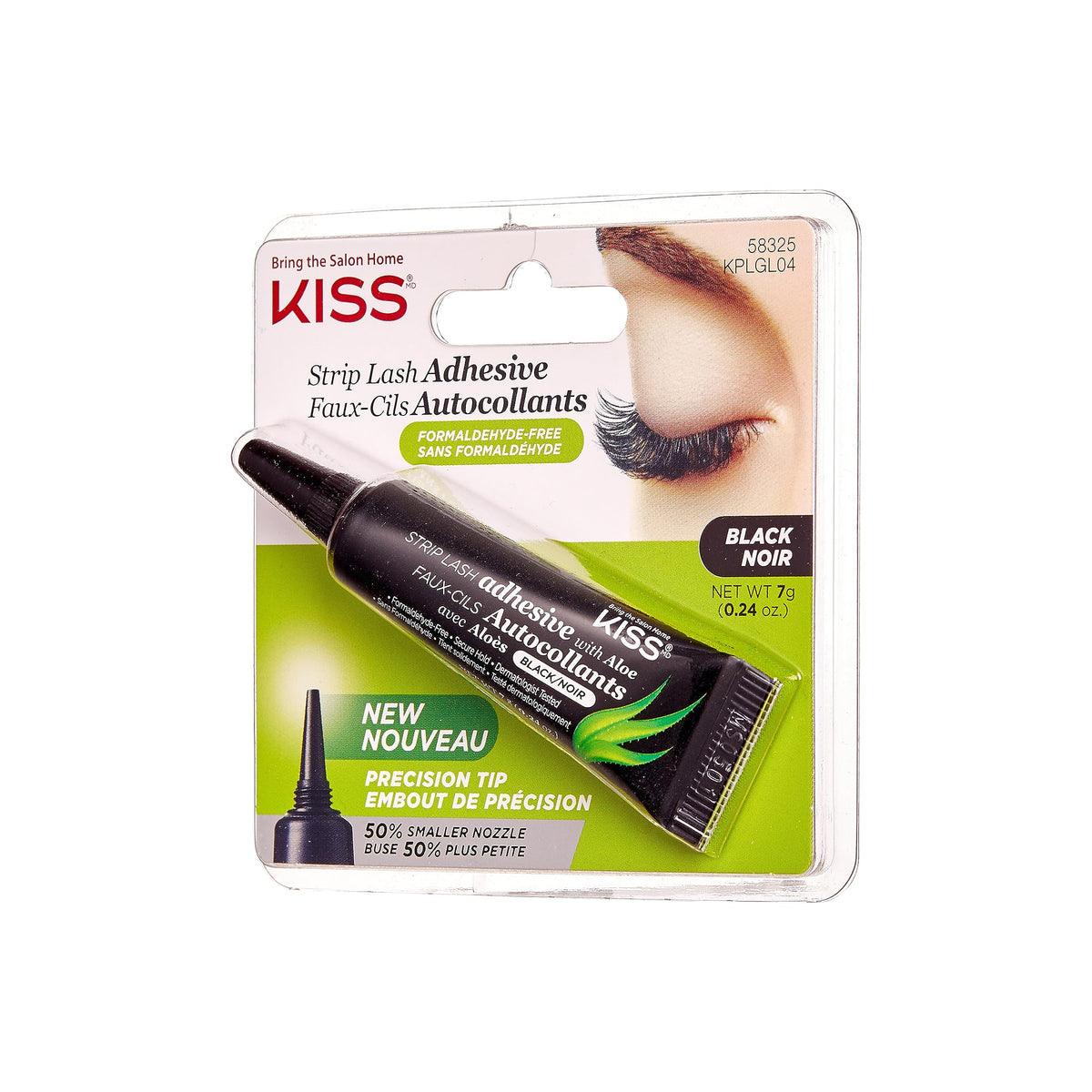 Kiss Black Strip Lash Adhesive with Aloe, Dermatologist Tested, Formaldehyde Free, Non-Irritant, Contact Lens Friendly, Secure Hold, Contains Latex, with Control Nozzle Tip, 0.24 Ounce