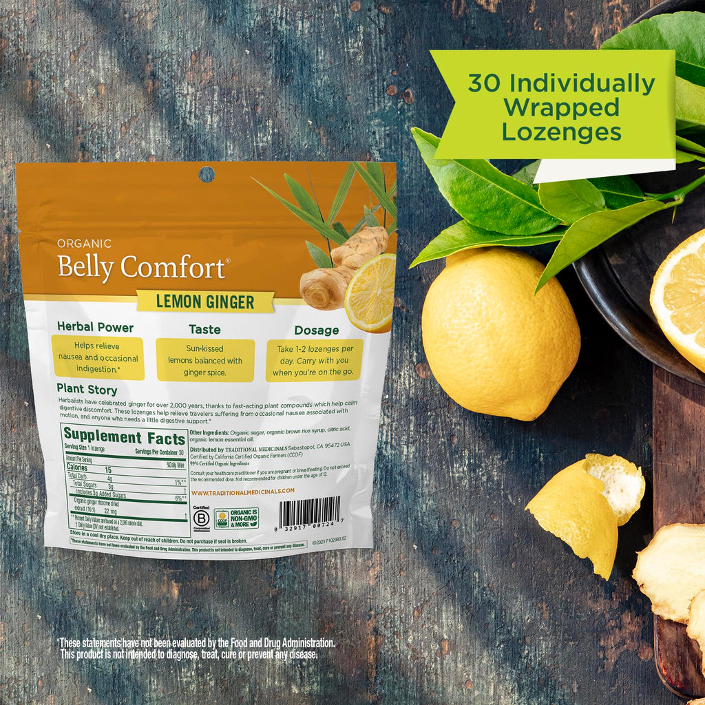 Traditional Medicinals Organic, Belly Comfort Lozenges, Lemon Ginger - Supports Nausea Relief and Occasional Indigestion - Non-GMO, Stimulant-Free - 30 Individually Wrapped Lozenges
