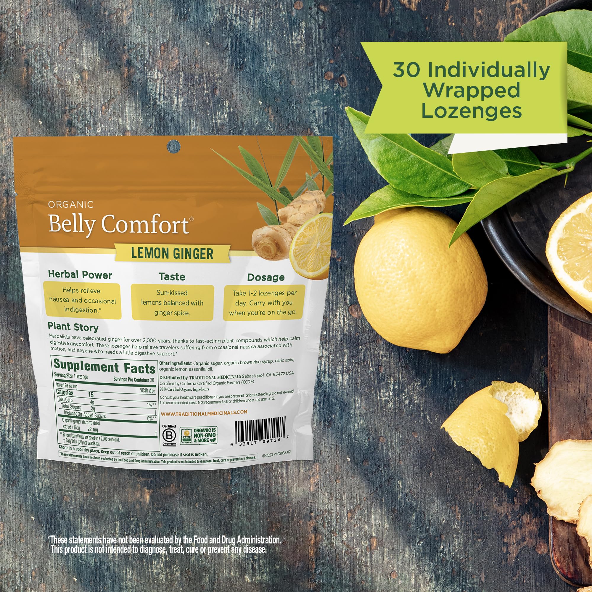 Traditional Medicinals Organic, Belly Comfort Lozenges, Lemon Ginger - Supports Nausea Relief and Occasional Indigestion - Non-GMO, Stimulant-Free - 30 Individually Wrapped Lozenges