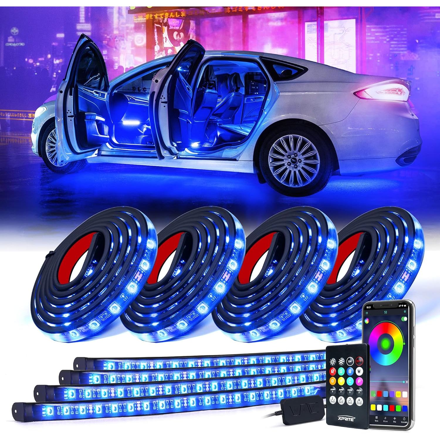 Buy now Xprite Car Underglow Neon Accent Strip Lights, 4 Pcs RGB 252 LEDs Underglow Kit with Sound Active Function Music Mode & Wireless Remote, Exterior Car Lights Underbody Lighting for Truck SUV Van 4PCS Interior + 4PCS Underglow Light at indiglob india