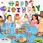 171pcs Toy Birthday Party Supplies Include Paper Plates Napkins Cups Banner