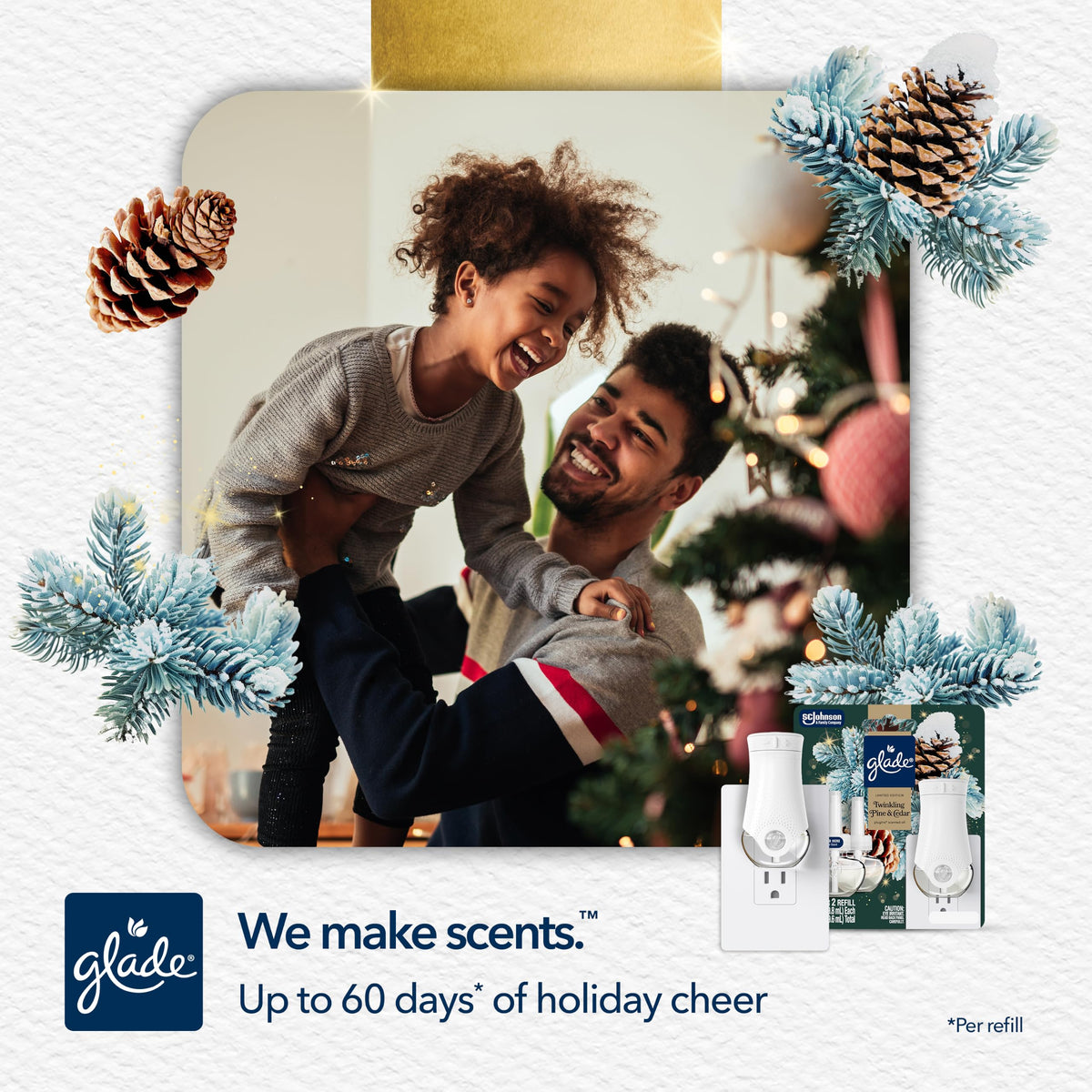 Glade PlugIns Starter Kit, Air Freshener, Twinkling Pine & Cedar, 1.34 fl oz, 1 Warmer + 2 Refills
