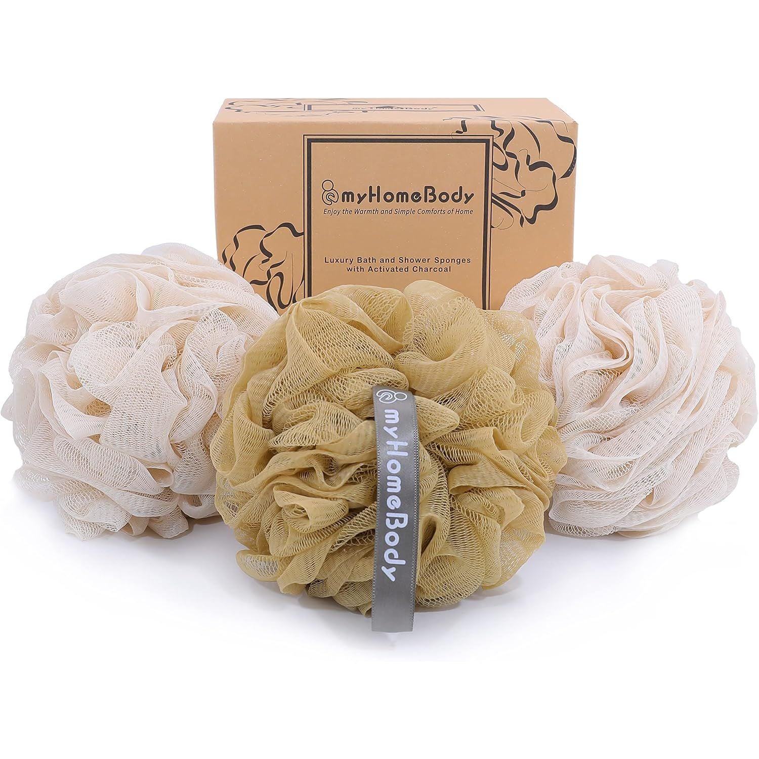 Buy now myHomeBody Large 70g Loofah Sponge, Bath Body Scrubber for Women, Men, Exfoliating Shower Pouf with Activated Charcoal - 2 Graphite Gray + 1 Sage Green, 3 Pack 2 Oat Milk + 1 Caramel at indiglob india