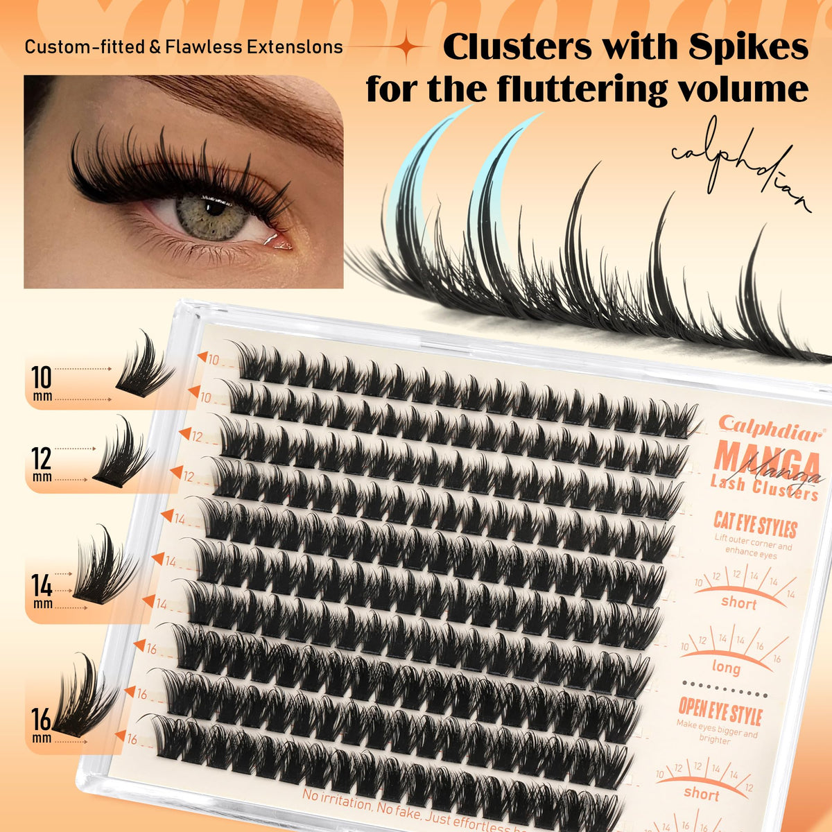 Calphdiar Bottom Lash Clusters with spikes. Custom-fit for fluttery volume in various lengths (10-16mm) for eye-enhancing beauty.