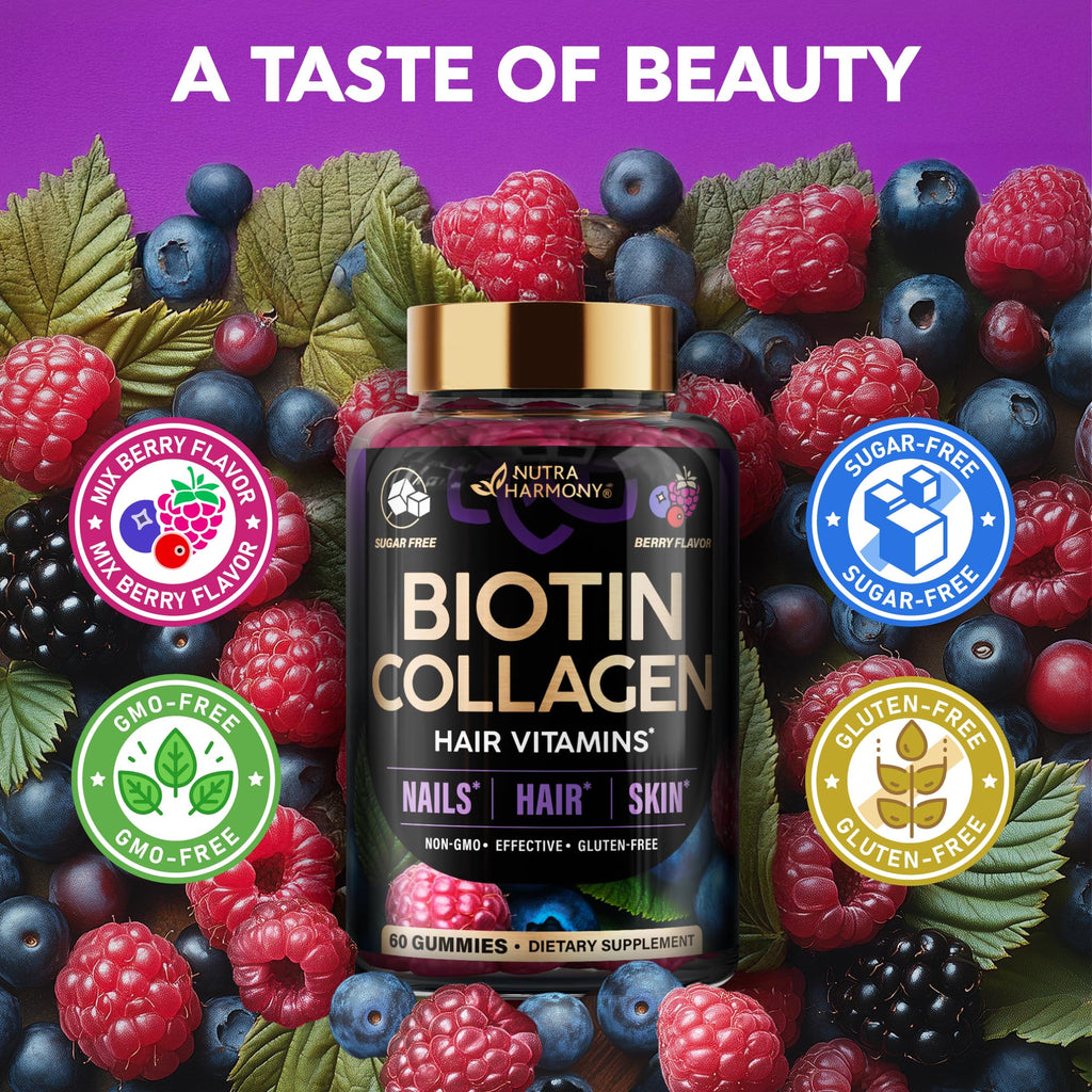Biotin Gummies for Hair Growth Support - for Women & Men - Berry, Pack of 2 | Biotin 10000mcg, Collagen, Keratin, Hyaluronic Acid, B-Complex, Saw Palmetto - Hair, Skin & Nail Strengt Support - Sugar-Free