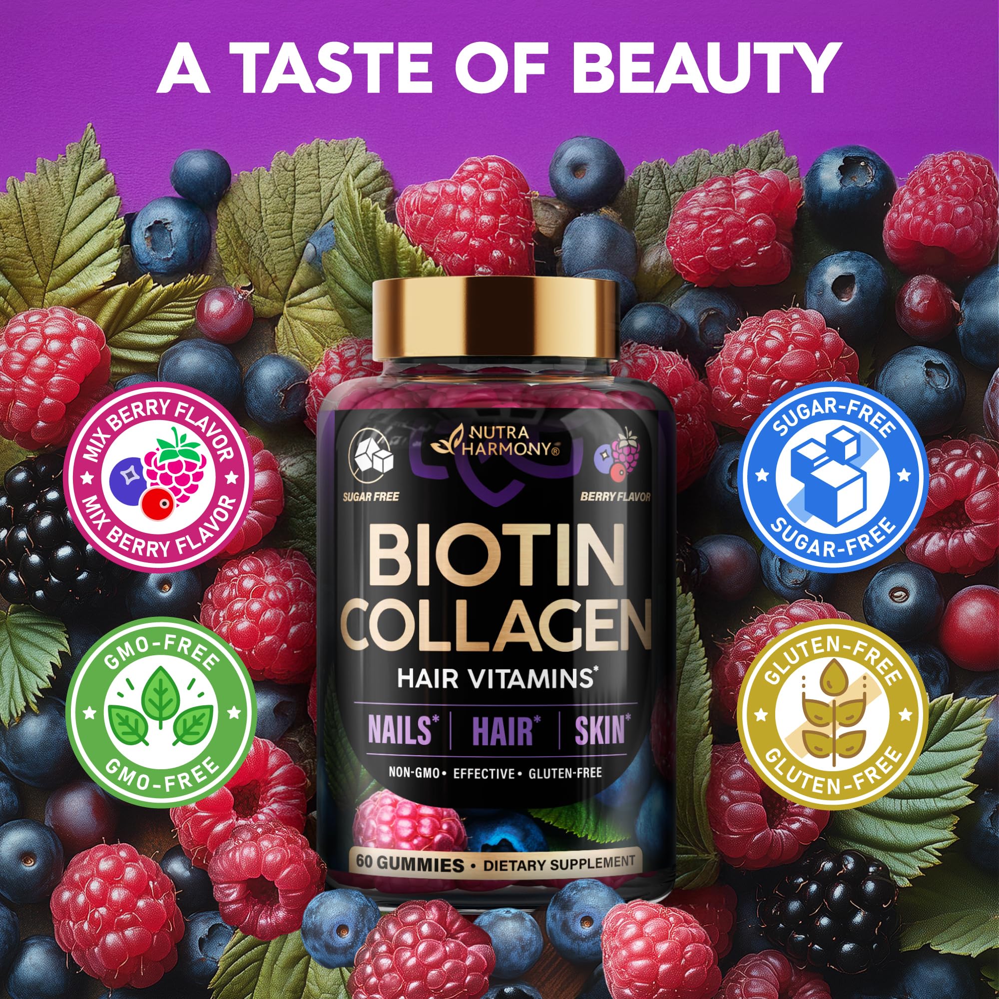 Biotin Gummies for Hair Growth Support - for Women & Men - Berry, Pack of 2 | Biotin 10000mcg, Collagen, Keratin, Hyaluronic Acid, B-Complex, Saw Palmetto - Hair, Skin & Nail Strengt Support - Sugar-Free