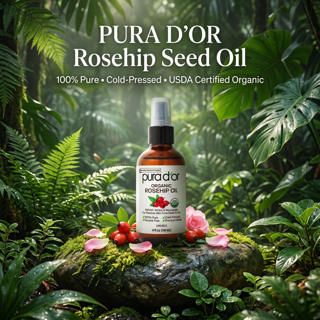 PURA D'OR ORGANIC Rosehip Seed Oil Pure Cold-Pressed for Face, 4oz