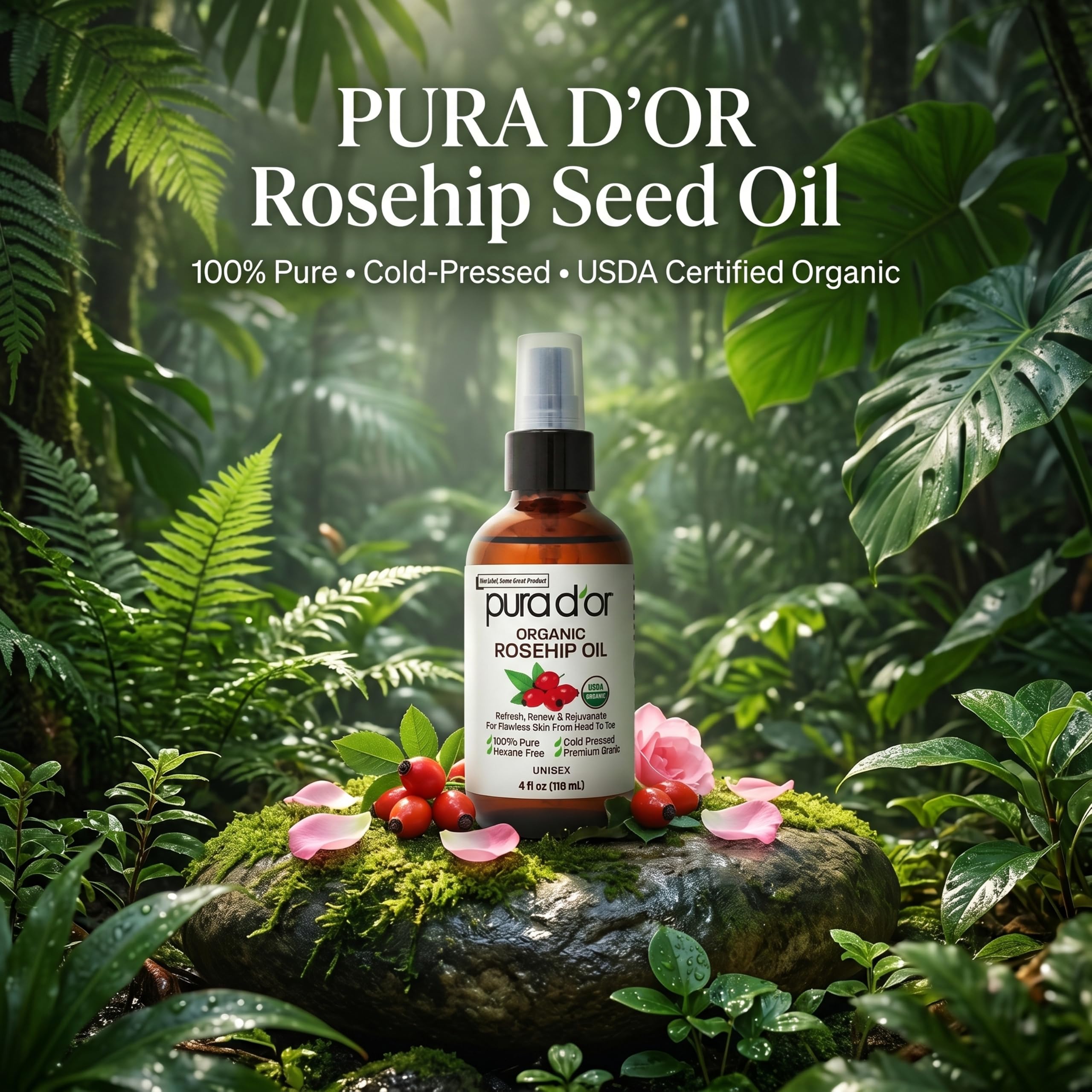 PURA D'OR ORGANIC Rosehip Seed Oil Pure Cold-Pressed for Face, 4oz