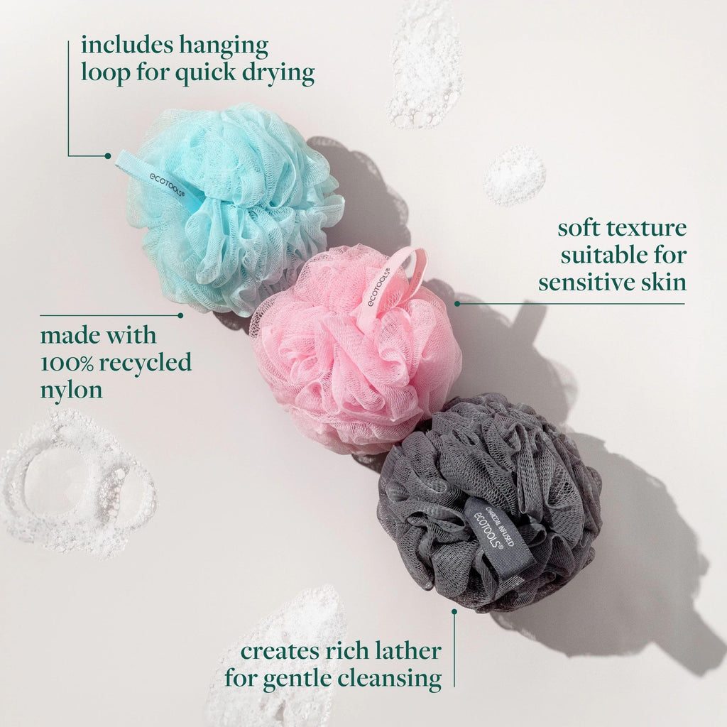 EcoTools EcoPouf 4 Pack Bath Sponge Set, Shower Poufs | Gentle exfoliation daily, shower puff sponges for body, loofah pack, recycled netting, rich lather