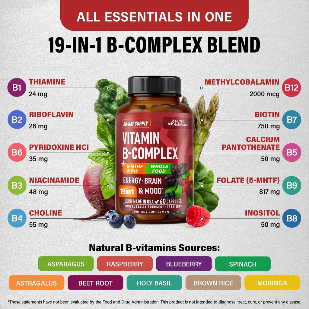 Vitamin B Complex: B1, B2, B3, B5, B6, B7, B12, 5MTHF + Whole Food - 60Caps