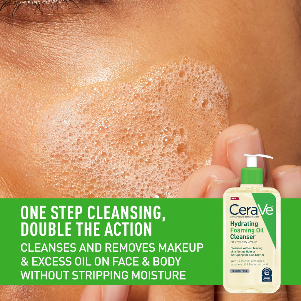 CeraVe Hydrating Foaming Oil Facial Cleanser with Hyaluronic Acid, 19oz | Squalane Face & Body Wash with Double-Cleansing Efficacy Removes Makeup without Residue, For Dry To Very Dry Skin