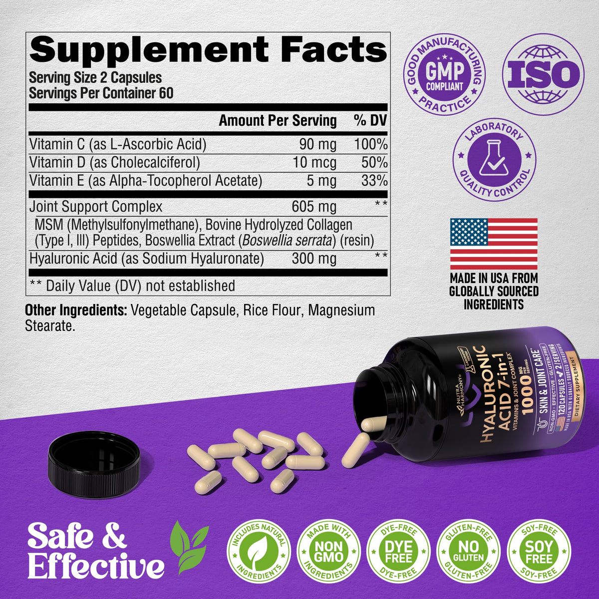 Hyaluronic Acid Supplements 1000mg - Skin & Joint Support - 120 Caps