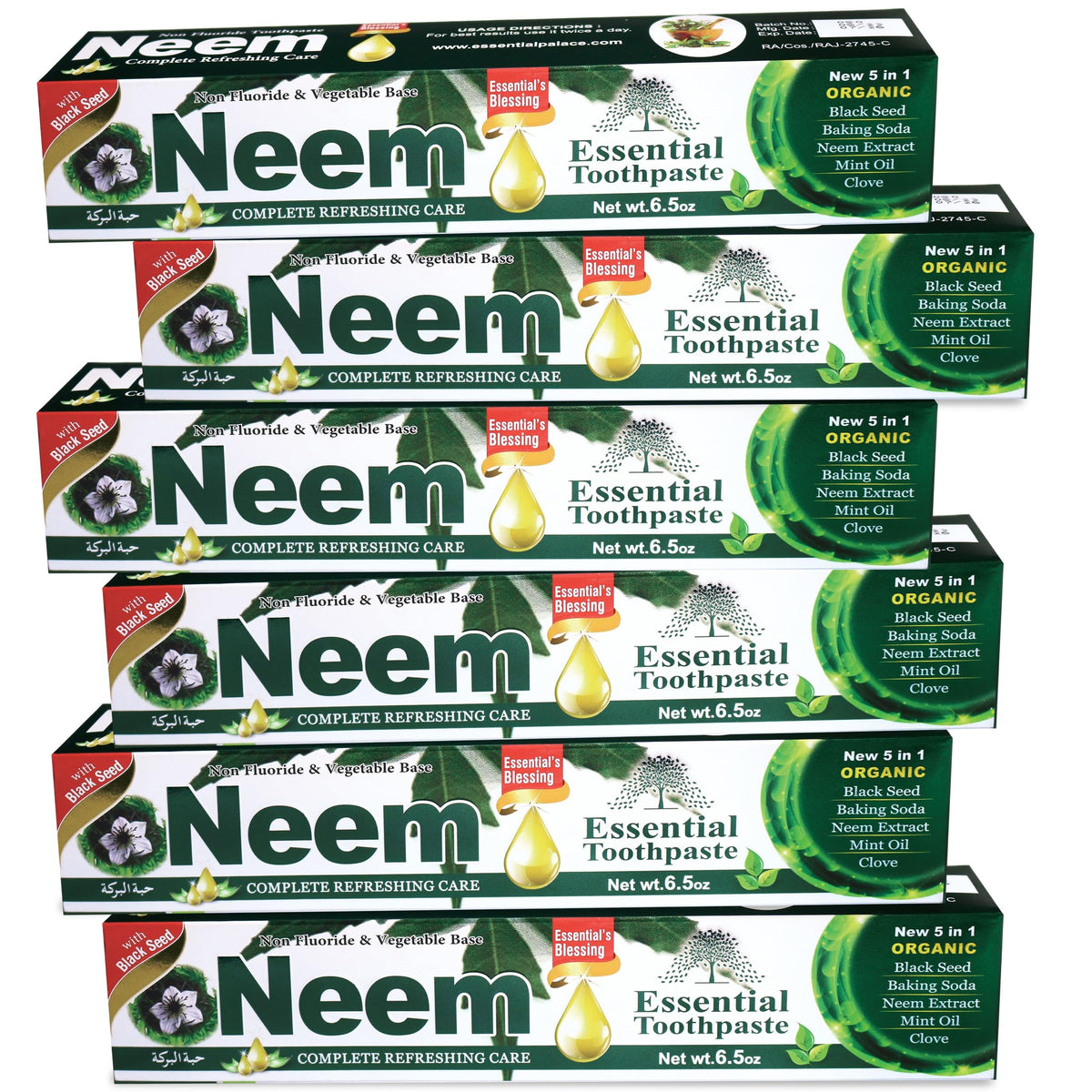 NEEM Essential Toothpaste - 6.53 oz Pack of 6 | New 5 in 1, Fluoride Free