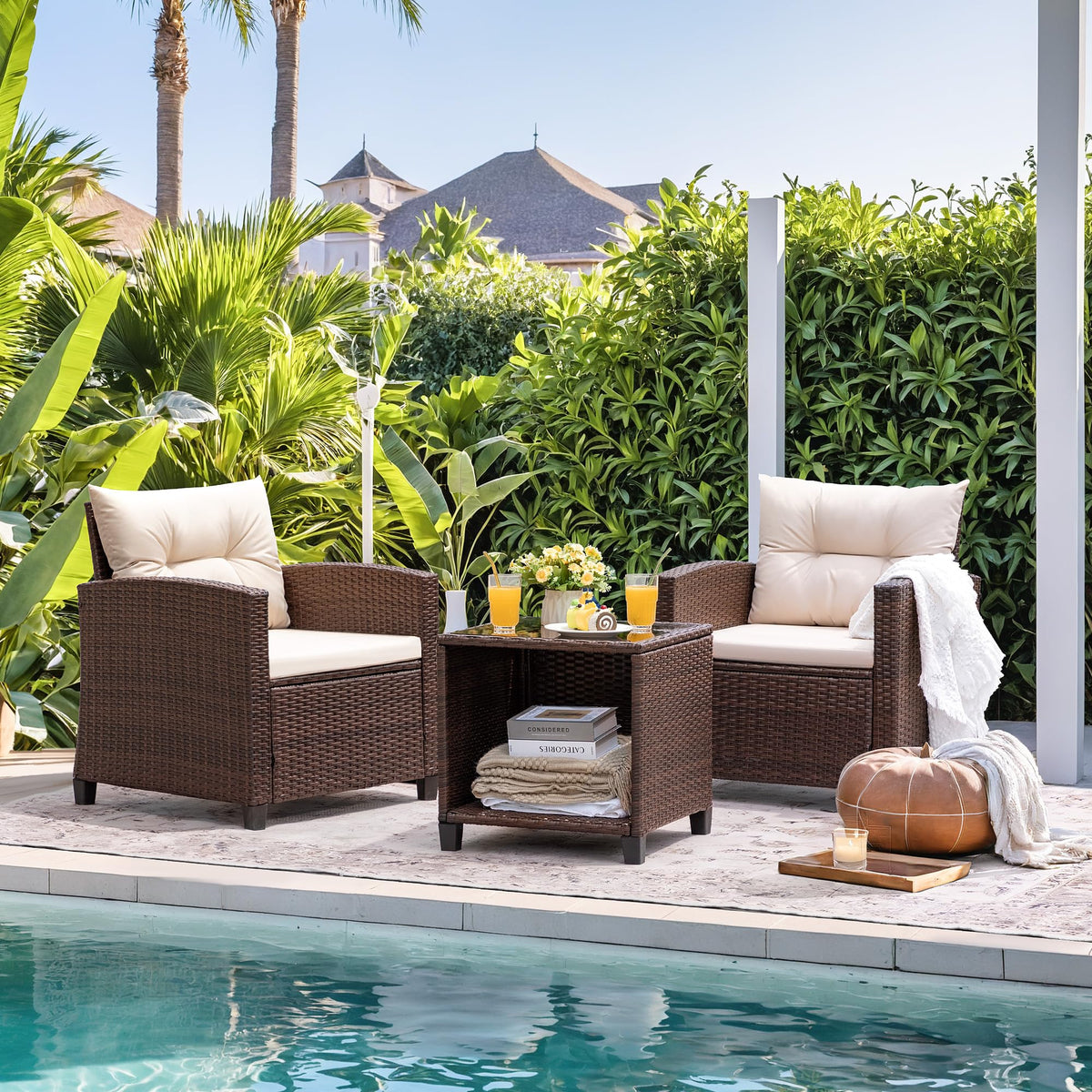 Devoko 3 Pieces Patio Furniture Set Outdoor Wicker Chairs and Table, Beige