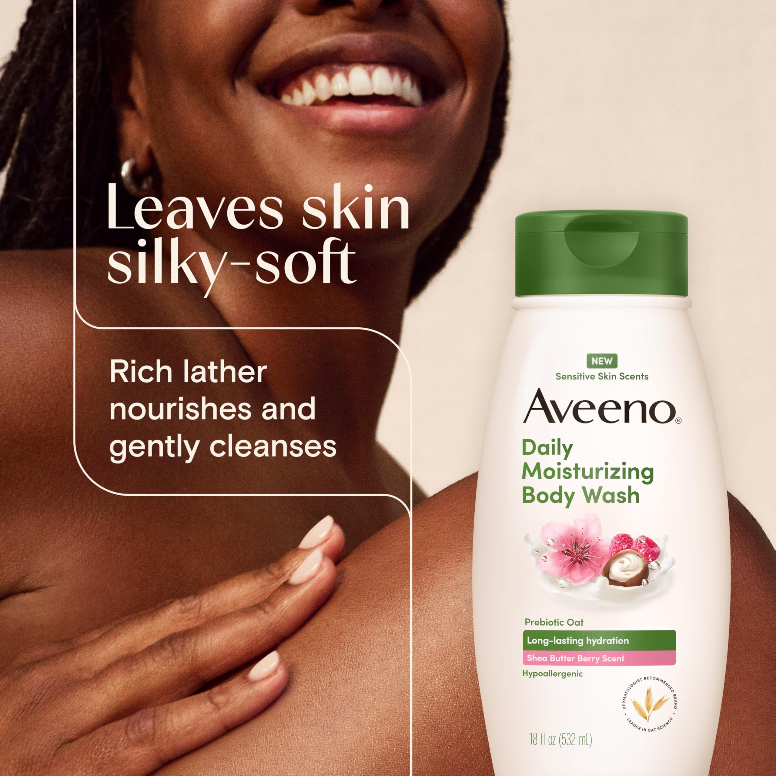 Aveeno Daily Moisturizing Body Wash, Shea Butter Berry, 18 fl. oz | Shea Butter Berry Scent, Soothing Prebiotic Oat, Long-Lasting Hydration for Sensitive Skin, Hypoallergenic, Paraben-Free