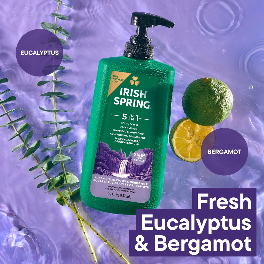 Buy now Irish Spring 5 in 1 Moisturizing Body Wash for Men, Shampoo, Conditioner, Body and Face Wash, and 24 Hour Deodorizer, Paraben-Free, Fresh Eucalyptus & Bergamot Scent, 20 fl oz at indiglob india