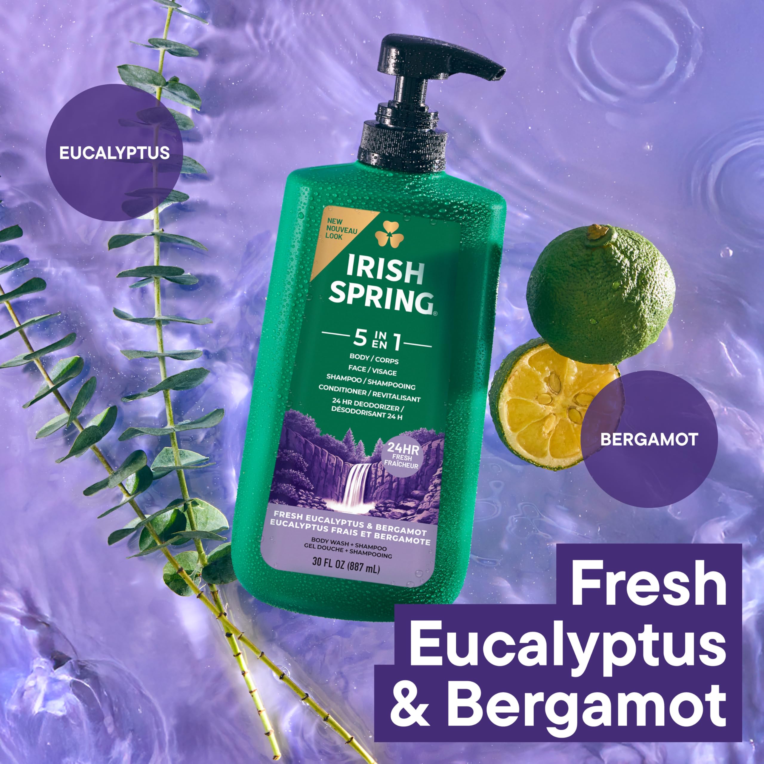 Buy now Irish Spring 5 in 1 Moisturizing Body Wash for Men, Shampoo, Conditioner, Body and Face Wash, and 24 Hour Deodorizer, Paraben-Free, Fresh Eucalyptus & Bergamot Scent, 20 fl oz at indiglob india