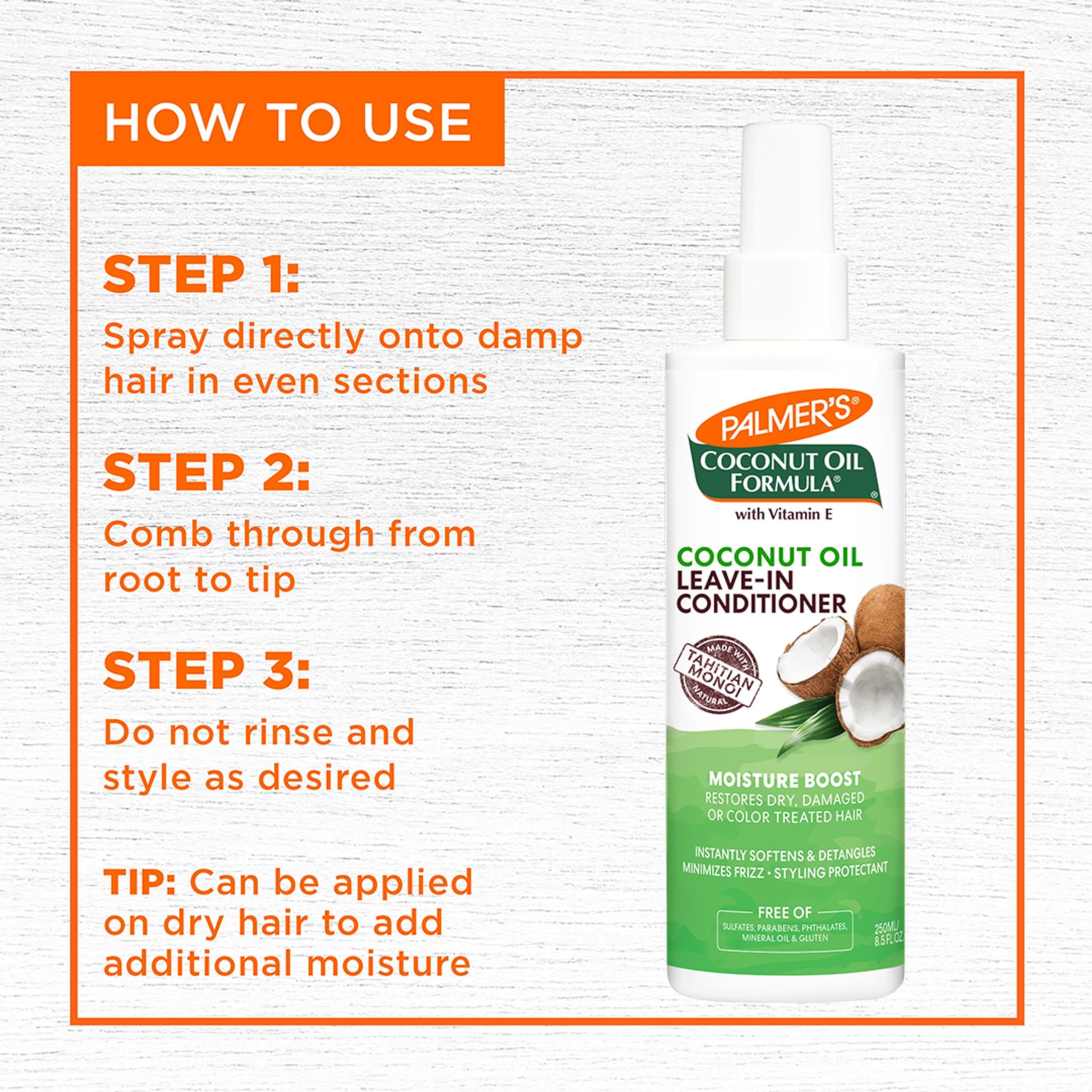 Palmer's Leave-In Conditioner Spray, Coconut Oil Moisture Boost (8.5 Oz) | Moisture Boost Style Protectant for Dry, Damaged Hair, Instantly Detangles, Hydrates & Strengthens Textured & Curly Hair
