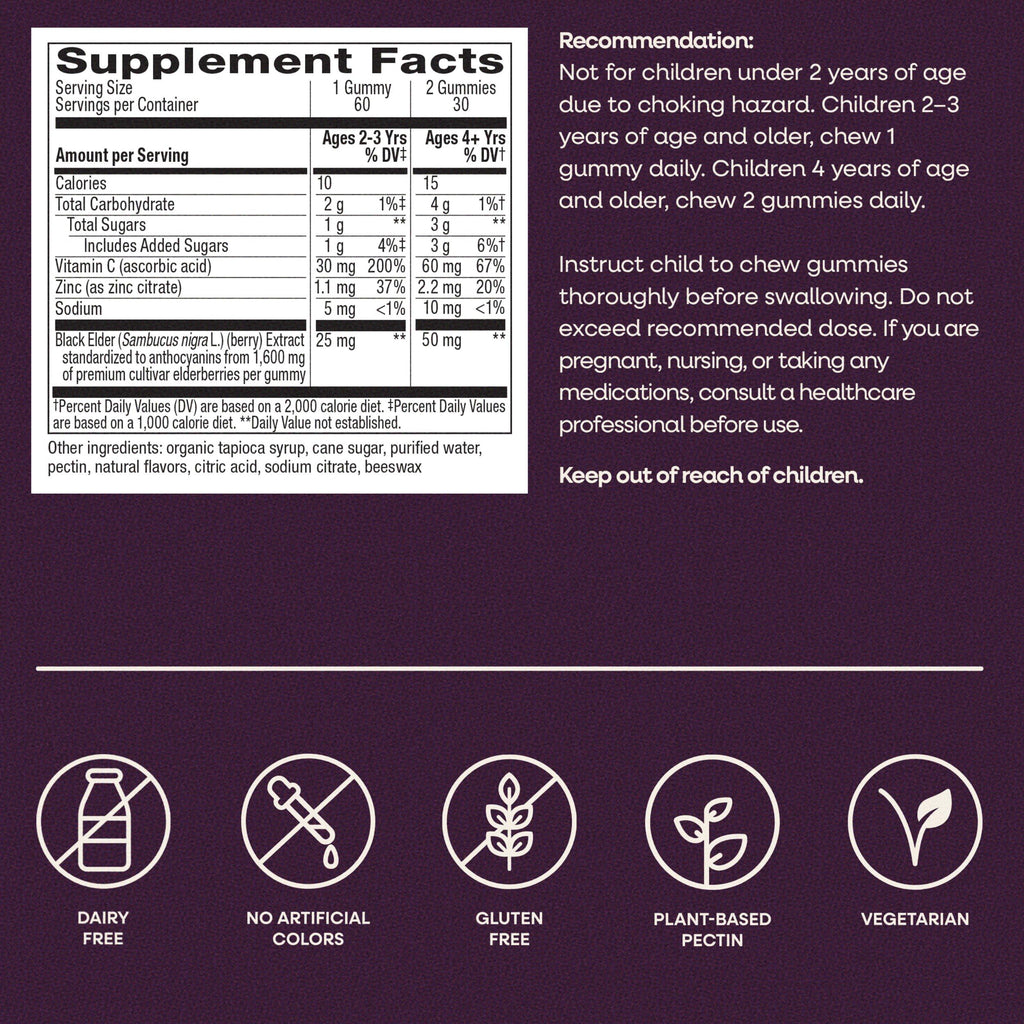 Nature's Way Sambucus Kids Elderberry Immune Gummies, Ages 2+, 60 ct | Daily Immune Support Gummy with Black Elderberry Extract, Vitamin C and Zinc, for Children Ages 2+*