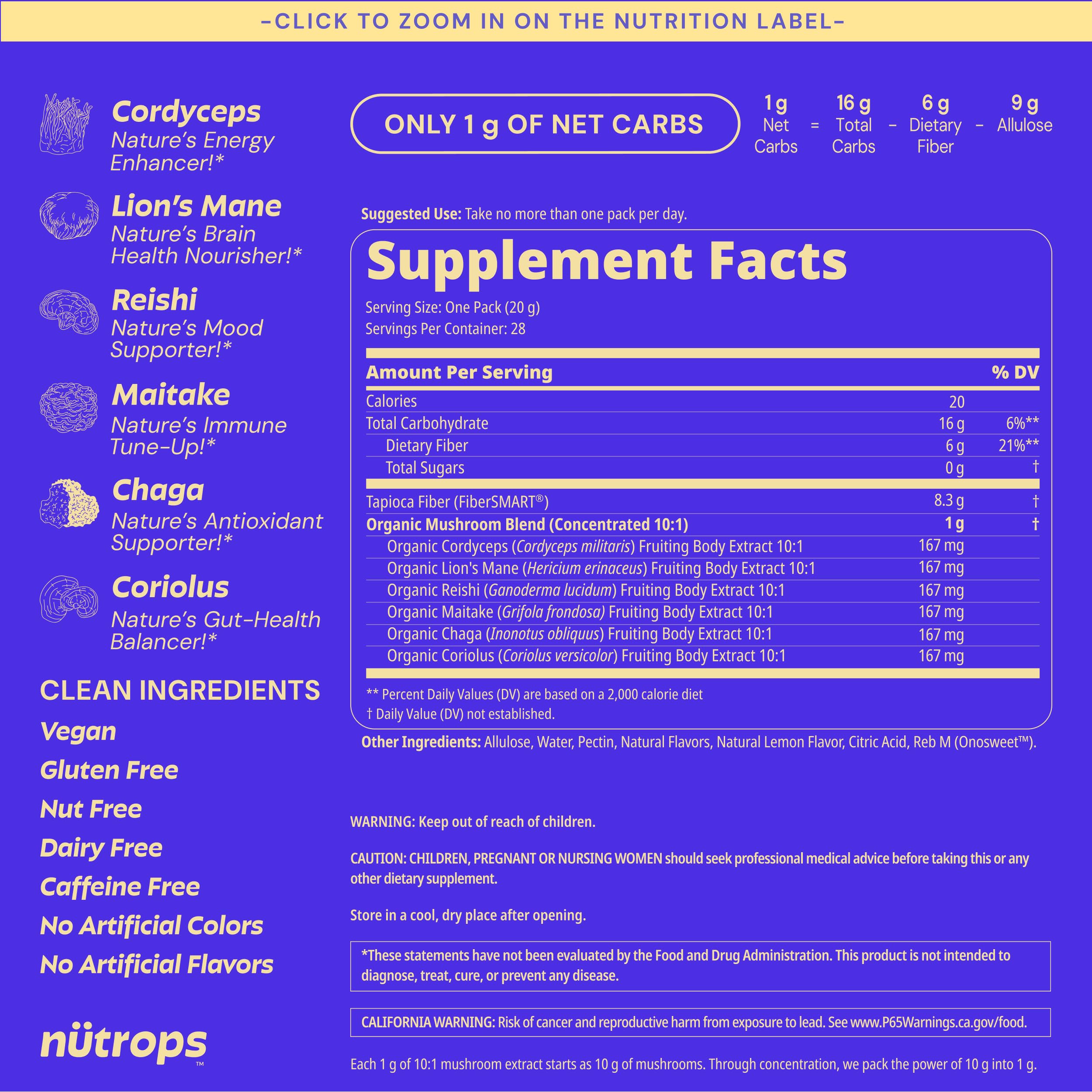 Nutrops Nootropics Mushroom Gummies for Brain Health, Sugar Free 28 ct | 1000mg of Mushrooms Including Lion's Mane, Chaga, Reishi, Cordyceps