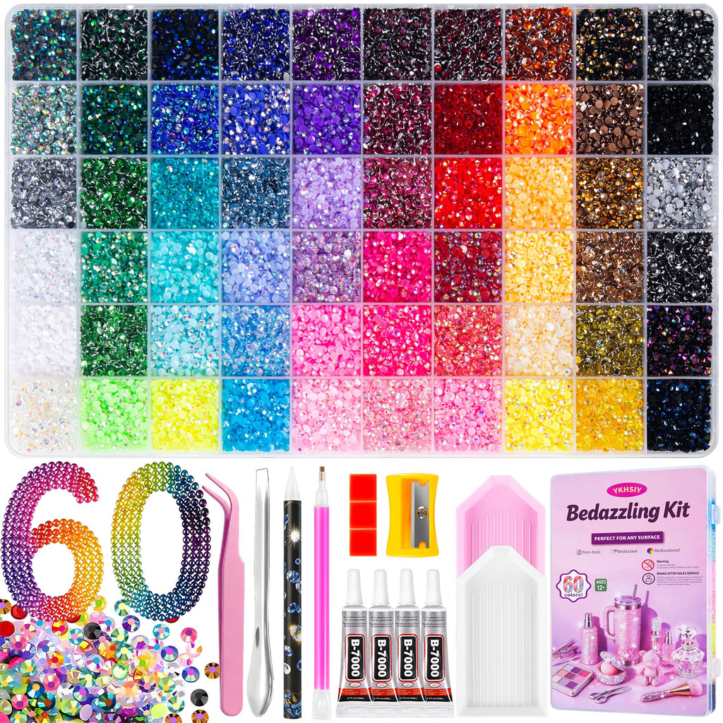 Bedazzling Kit 48000Pcs 60 Colors Resin Jelly Rhinestones, Multicolor 3mm Flatback Gems for Diamond Art, Bedazzler Kit with 4Pcs 10ml B7000 Jewelry Glue & Tools - Christmas Birthday Gifts for Women
