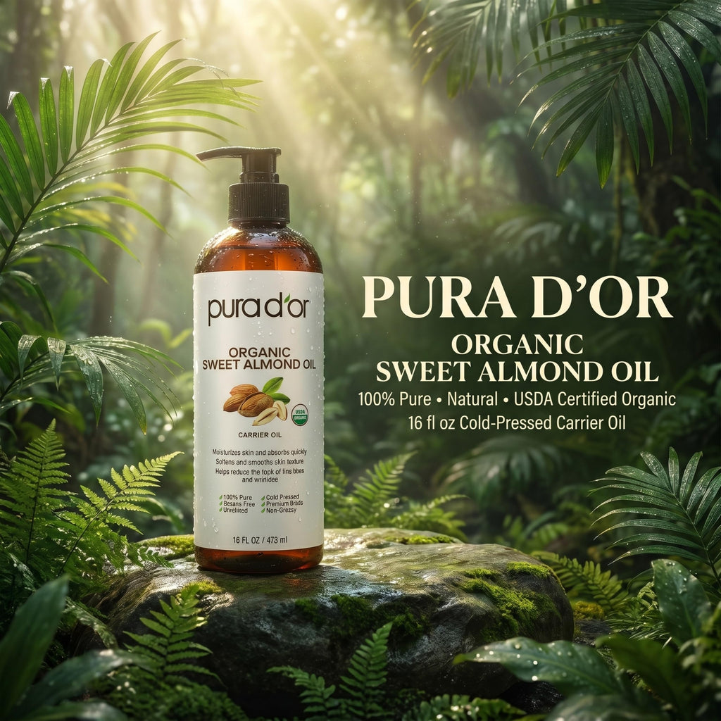 PURA D'OR ORGANIC Sweet Almond Oil, Pure Carrier Oil for Hair & Skin, 16 Oz | Moisturizes dry skin & softens strands; fast-absorbing, non-greasy feel for DIY beauty, massage & bath blends; USDA Certified