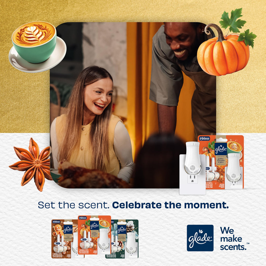 Glade PlugIns Starter Kit, Air Freshener, Golden Pumpkin & Spice, 1.34 fl oz, 1 Warmer + 2 Refills