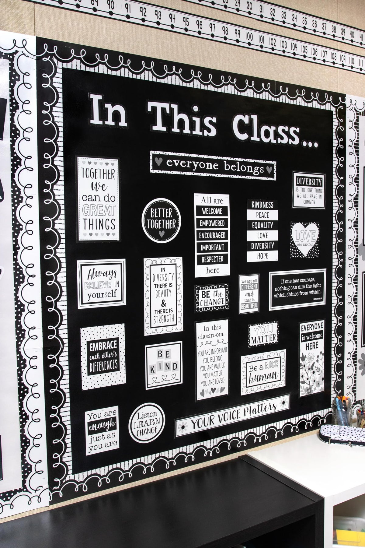 Teacher Created Resources Black with White Squiggles Die-Cut Rolled Border Trim - 50ft - Decorate Bulletin Boards, Walls, Desks, Windows, Doors, Lockers, Schools, Classrooms, Homeschool & Offices