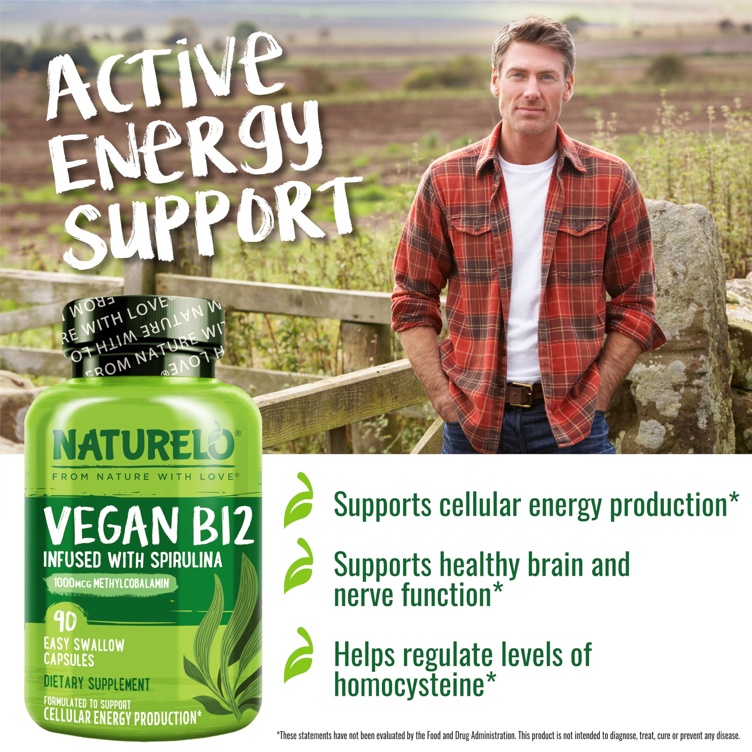 NATURELO Vegan B12 - Methylcobalamin, 90 Capsules | Organic Spirulina, Methyl B12 1000 mcg, Supports Healthy Mood, Energy, Heart & Eye Health, Vitamin B12 1000 mcg
