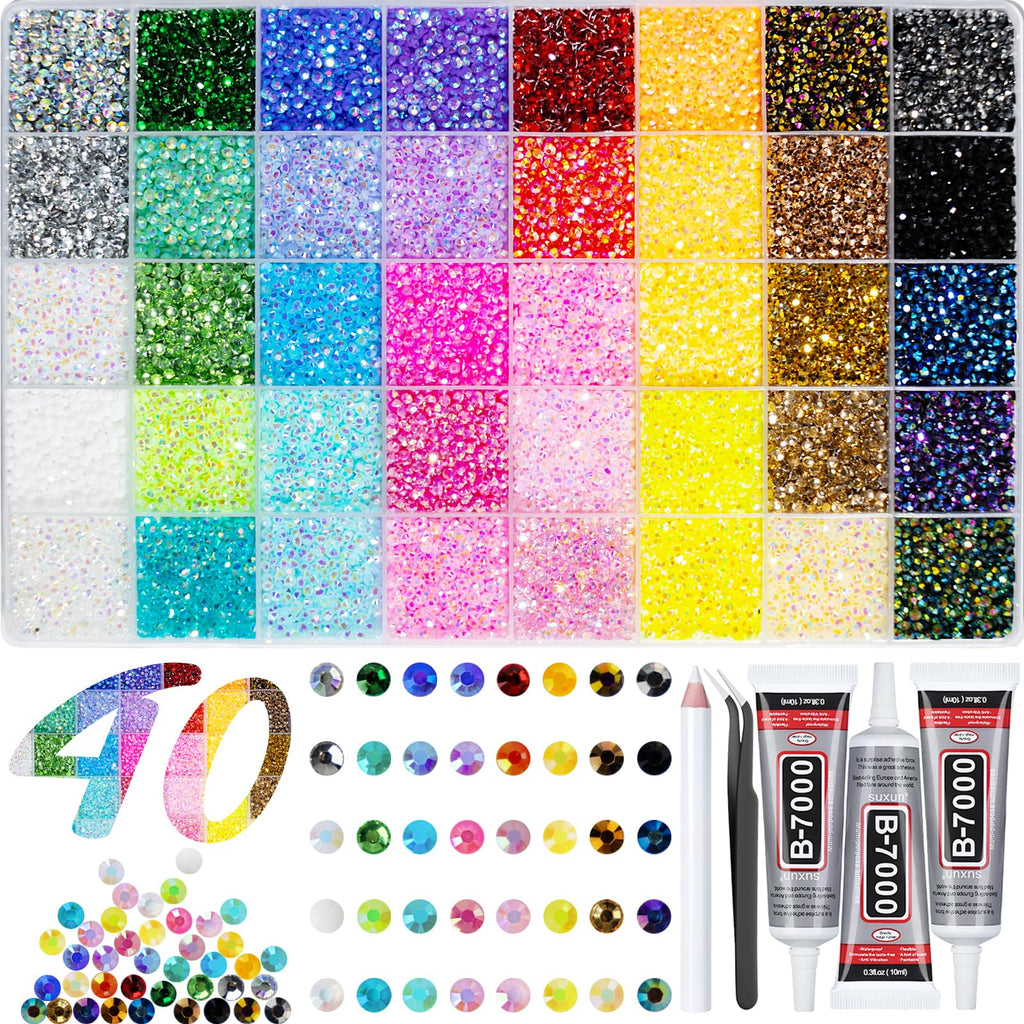 50000+Pcs Rhinestones for Bedazzling Kit 3mm Gems Bedazzler Set | 40 Colors Flat Back Resin Jelly Bedazzled Kits with 3Pcs 10ml B7000 Jewelry Glue for Book Diamond Nail Art, Multicolor