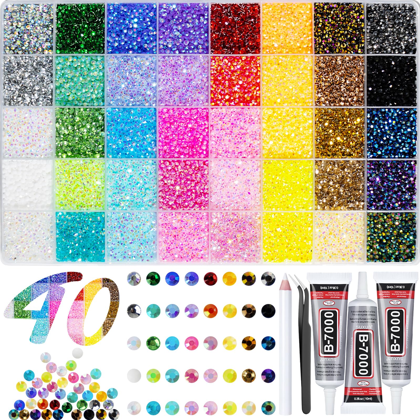 50000+Pcs Rhinestones for Bedazzling Kit 3mm Gems Bedazzler Set | 40 Colors Flat Back Resin Jelly Bedazzled Kits with 3Pcs 10ml B7000 Jewelry Glue for Book Diamond Nail Art, Multicolor