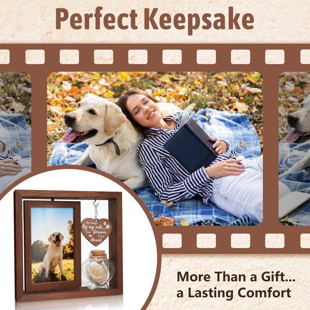Dog Memorial Gifts for Loss of Pet - Rotating Wooden Frame for 4x6 Photo & Fur Hair Jar - Sympathy Gift for Pet Bereavement, Remembrance Keepsake - Rainbow Bridge Gift for Dog Lovers & Cat Lovers