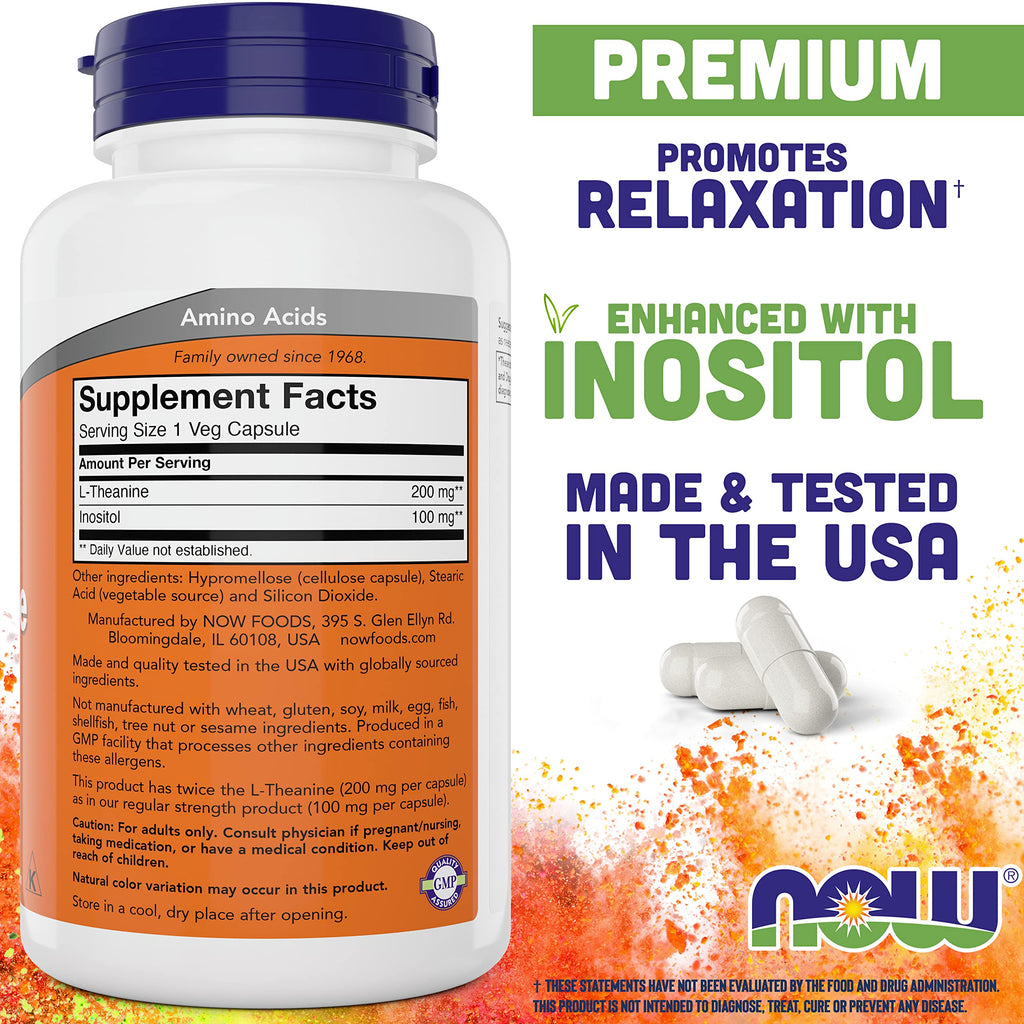 NOW Foods L-Theanine, Double Strength 200 mg Per Cap - 180 Veg Capsules - Enhanced with 100mg Inositol - Vegetarian, Non-GMO - Ltheanine 200mg Supplement