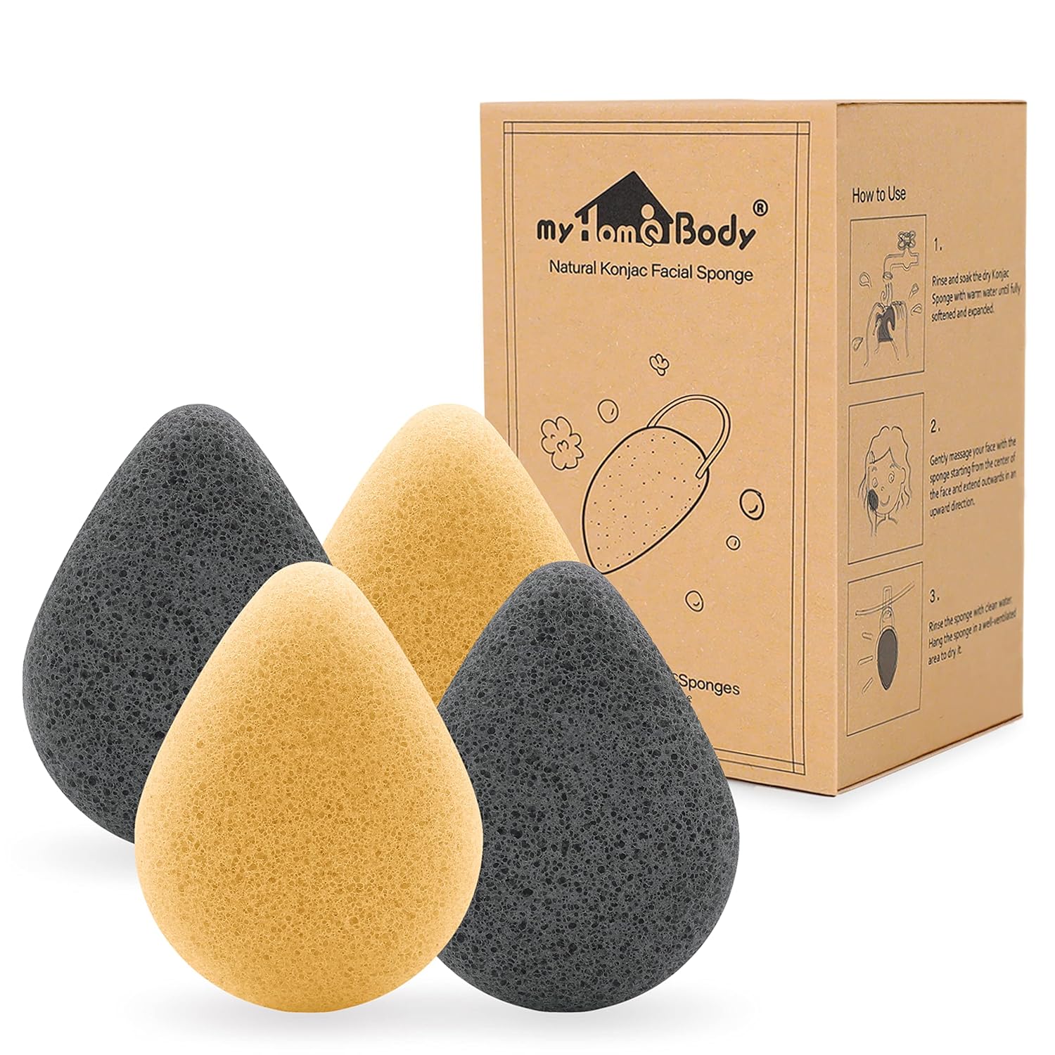 Buy now myHomeBody Natural Konjac Facial Sponges â€“ Teardrop Shape - for Gentle Face Cleansing and Exfoliation - with Activated Charcoal and Aloe Vera, Set of 4 2 Turmeric Yellow, 2 Charcoal Gray at indiglob india