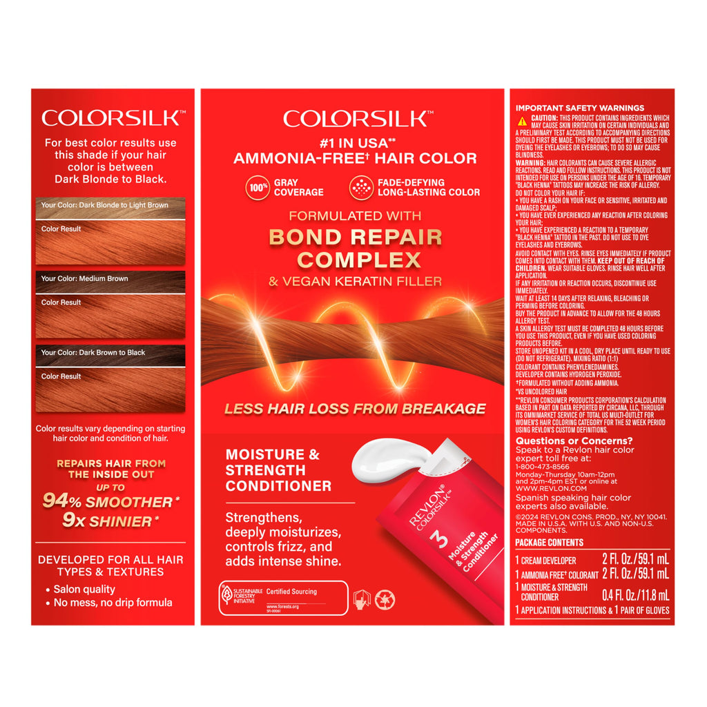 Buy now Revlon ColorSilk with Bond Repair Complex, Permanent Hair Color, 100% Gray Coverage, Ammonia Free Dye, Vegan Keratin, 45 Bright Auburn, 3 pack at indiglob india