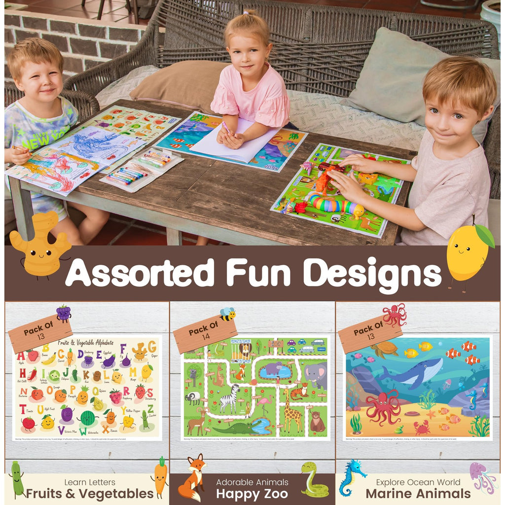 40 Pack Waterproof Disposable Placemats for Baby, Place mats for Kids, Toddler - Kids Placemats for Dining Table Tyke, Restaurants, and Travel (Aquarium, Alphabet and Zoo Theme)