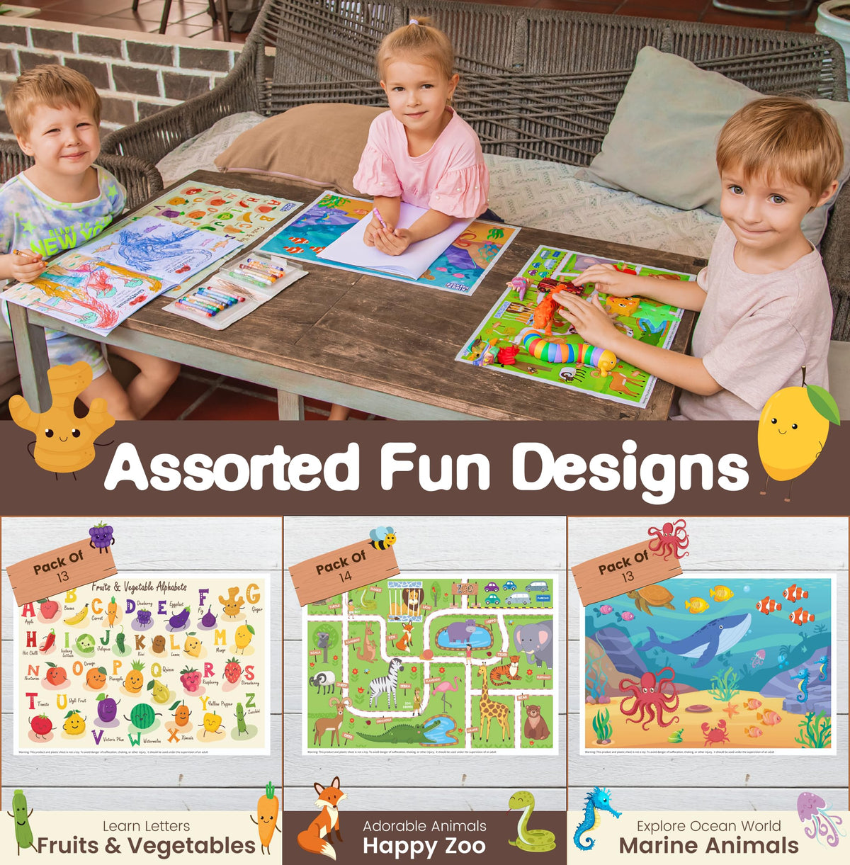 40 Pack Waterproof Disposable Placemats for Baby, Place mats for Kids, Toddler - Kids Placemats for Dining Table Tyke, Restaurants, and Travel (Aquarium, Alphabet and Zoo Theme)