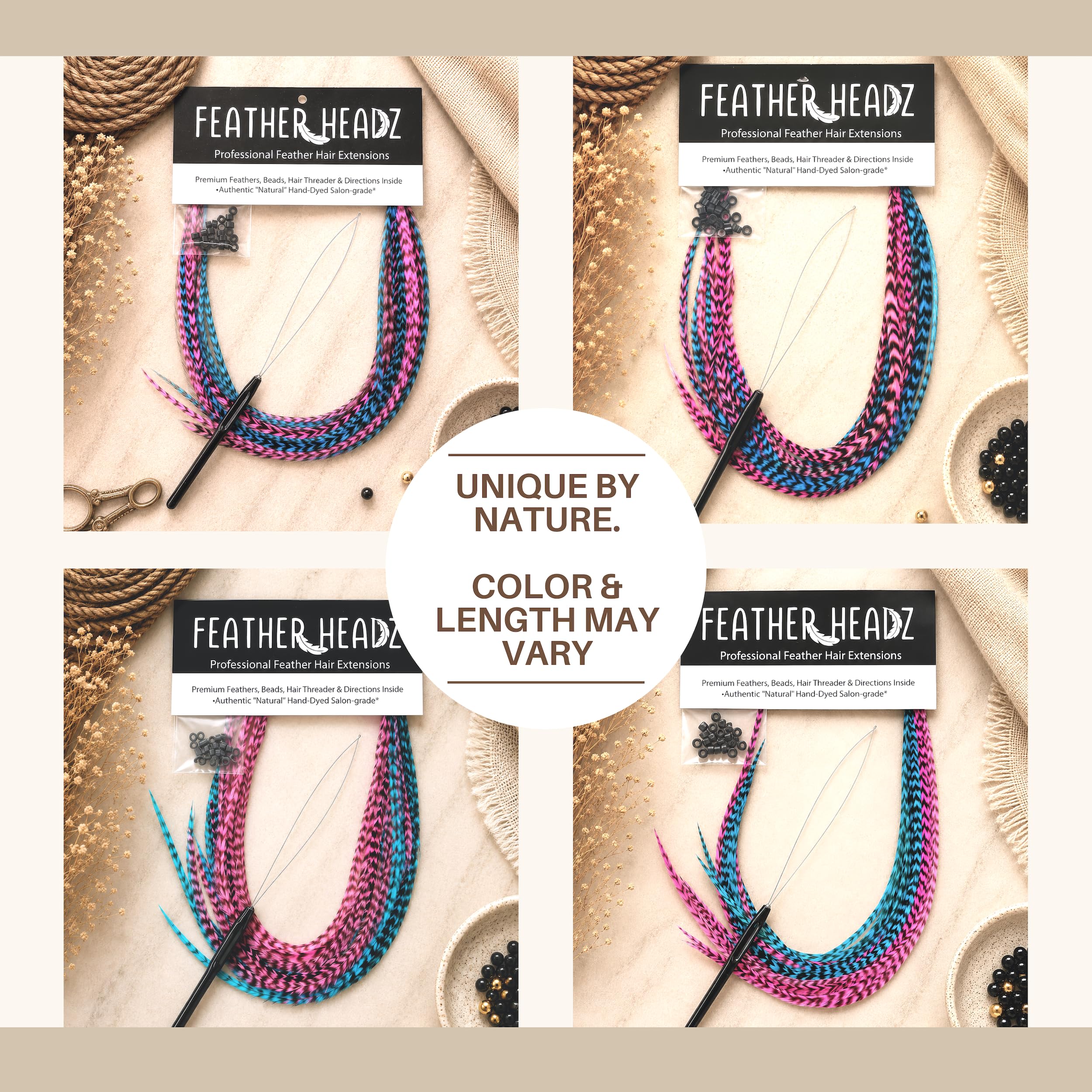Four packs of vibrant hair extensions in varying colors and lengths, showcasing professional quality and original branding.
