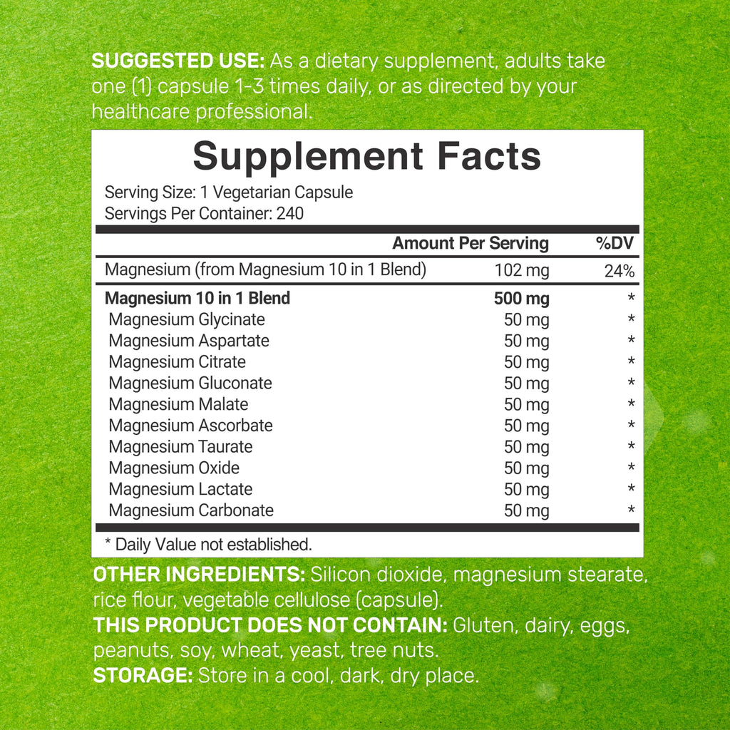 Magnesium Complex 500mg, 480 Veggie Capsules – Pack of 2 | 10-in-1 Glycinate, Citrate, Malate, Oxide, & More – 100% Chelated for Easy Absorption – Essential Mineral Supplement – Non-GMO