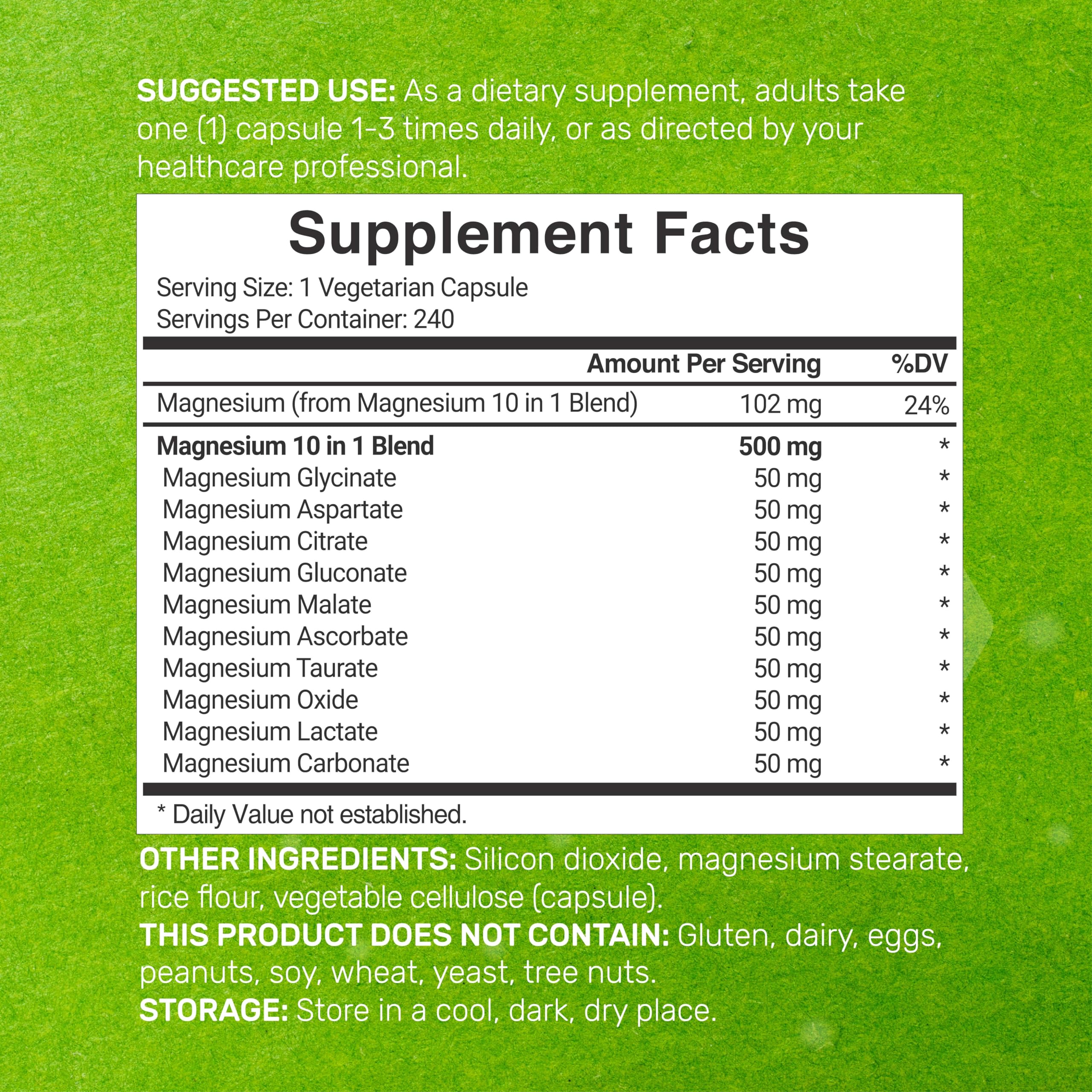 Magnesium Complex 500mg, 480 Veggie Capsules – Pack of 2 | 10-in-1 Glycinate, Citrate, Malate, Oxide, & More – 100% Chelated for Easy Absorption – Essential Mineral Supplement – Non-GMO