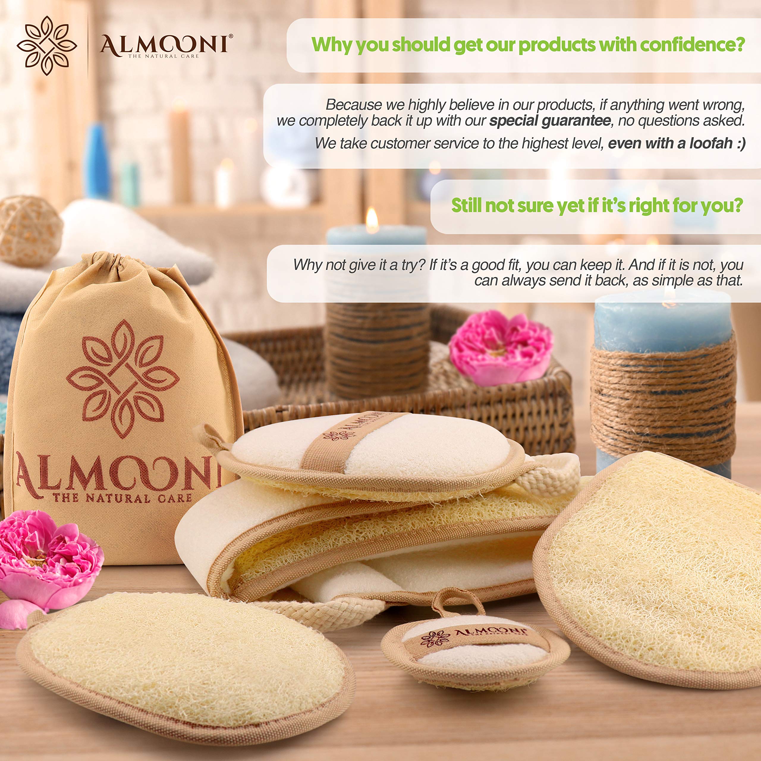 Almooni Natural Loofah Exfoliating Body Scrubber, Shower Sponge 2 Count | Natural Egyptian Loofah, Exfoliating Sponge for Face and Body, Bath Shower Loofah Sponge for Women and Men, 2 count pack