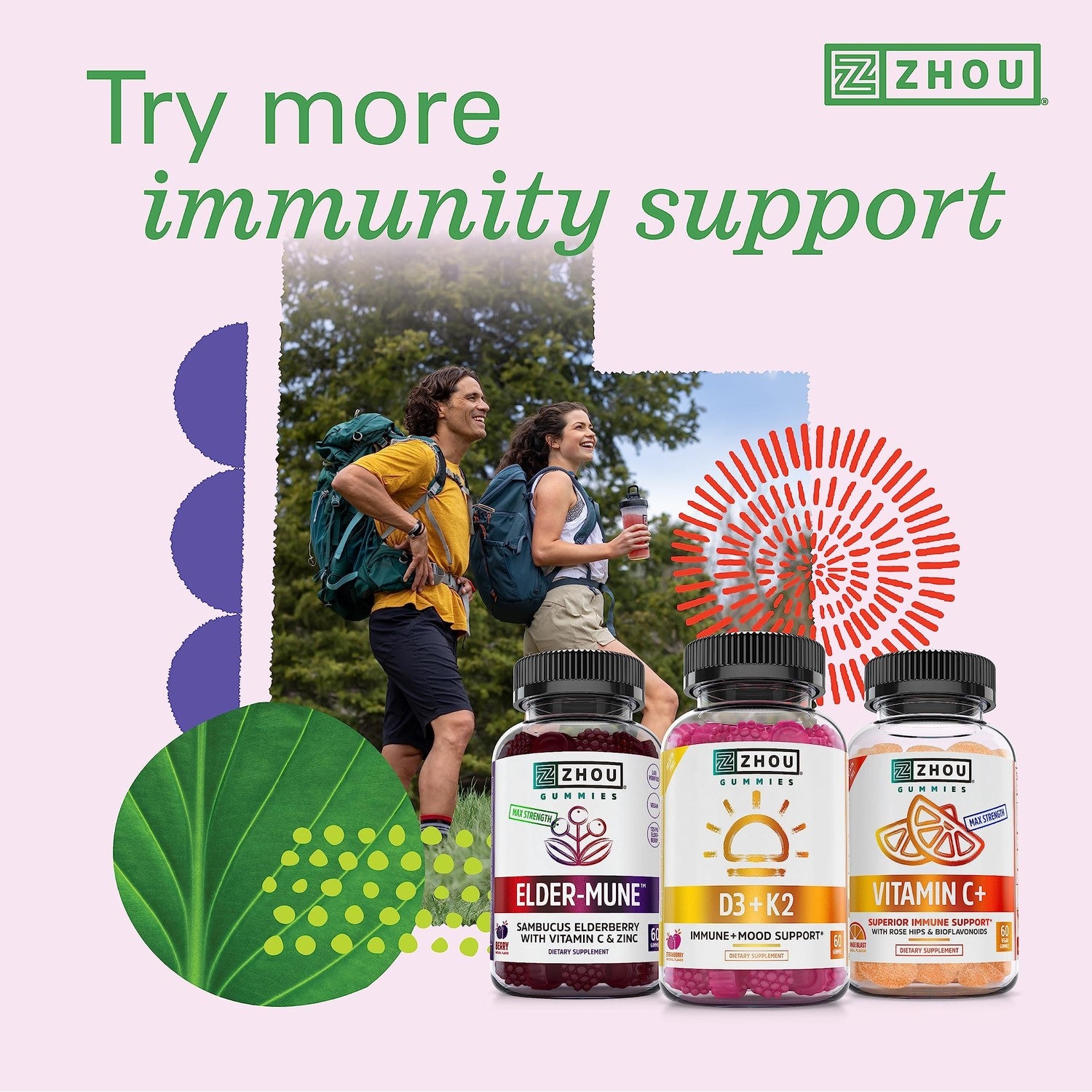 Zhou D3+K2 Supplement - 60 Veggie Capsules (Pack of 1) | Vitamin D3 K2 Supplement for Women & Men, Immune Support Vit D3 and K2 Supplements