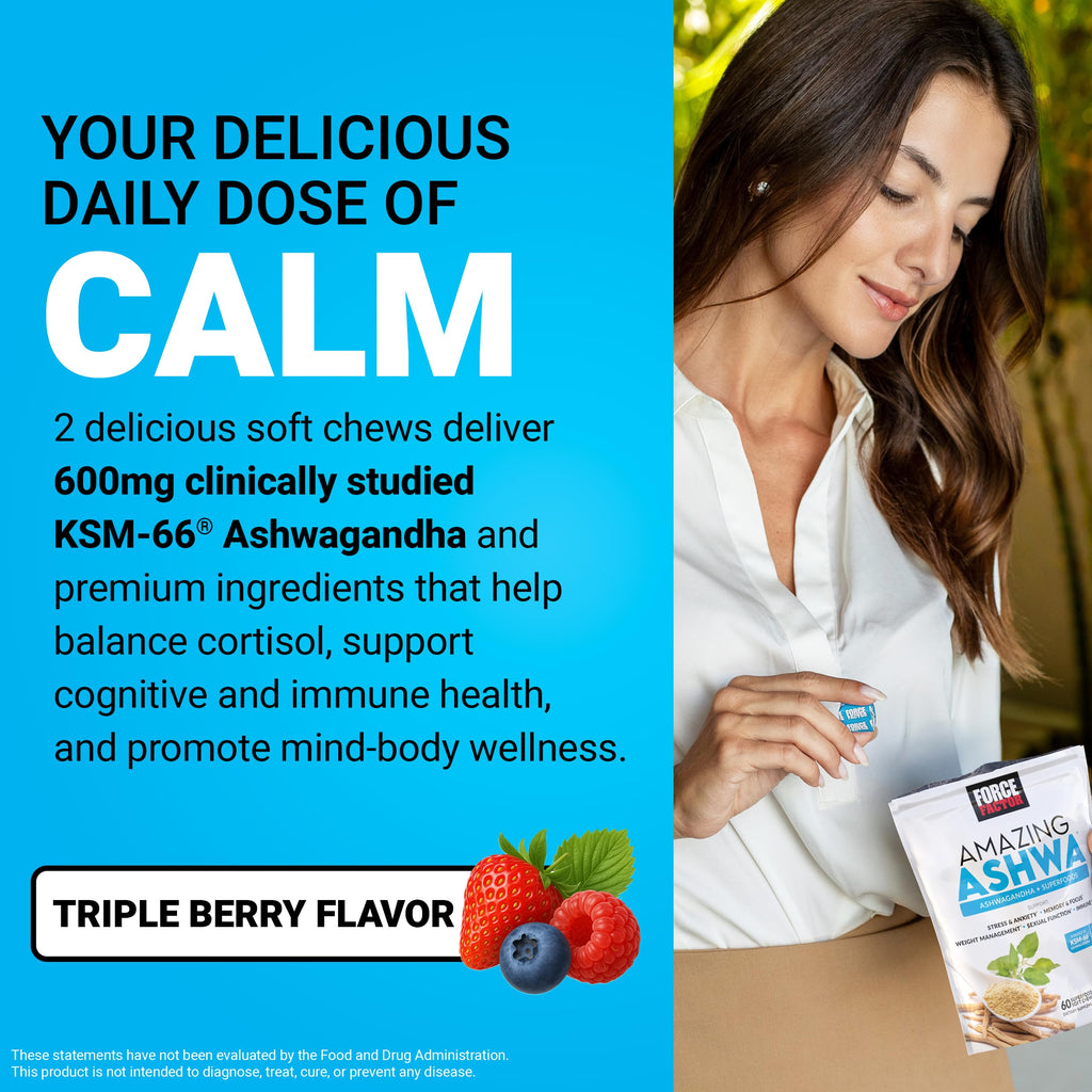 Force Factor Amazing Ashwa, Ashwagandha Supplement for Stress Relief | Memory, Focus, and Immune Support Health with KSM-66 Ashwagandha for Stress, 60 Soft Chews