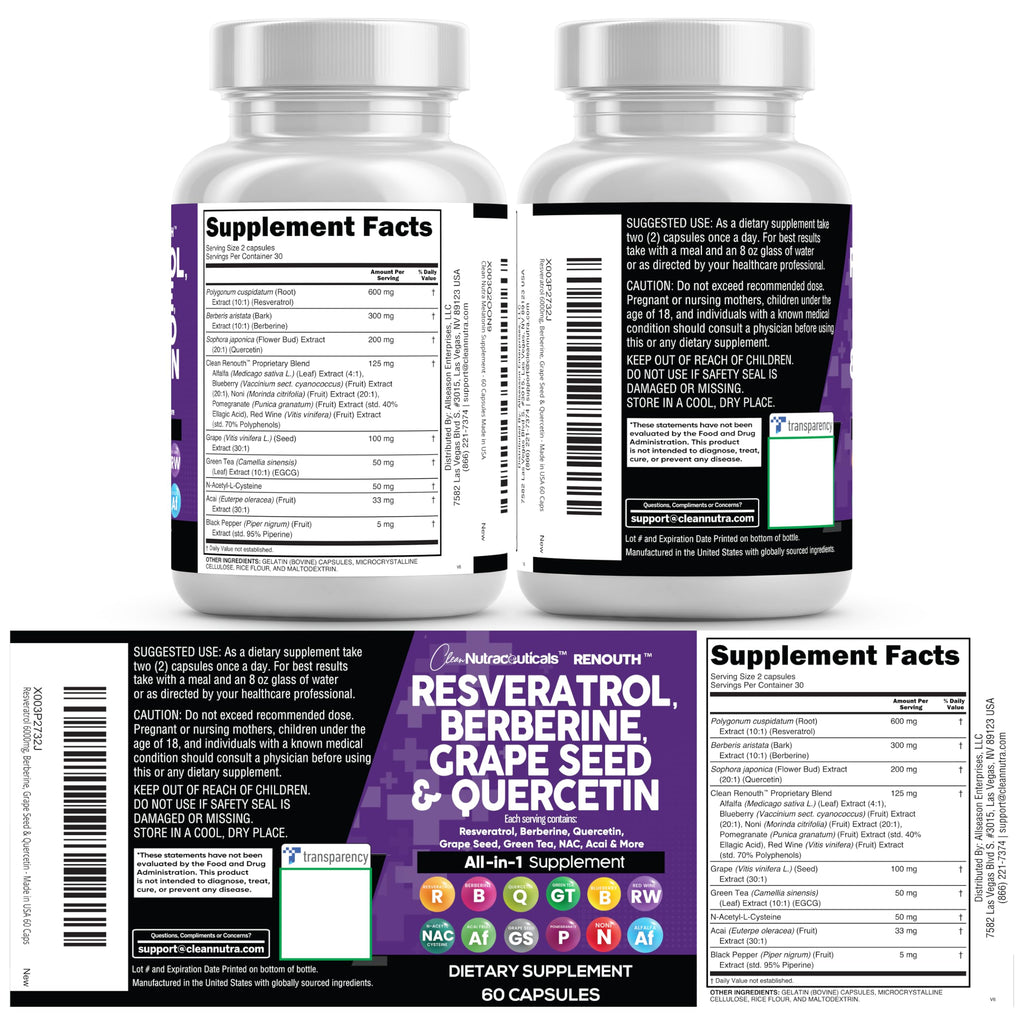 Clean Resveratrol Supplement | Berberine Grape Seed Extract Quercetin Green Tea Extract Acai Noni Polyphenol Supplement for Women & Men N-Acetyl Cysteine