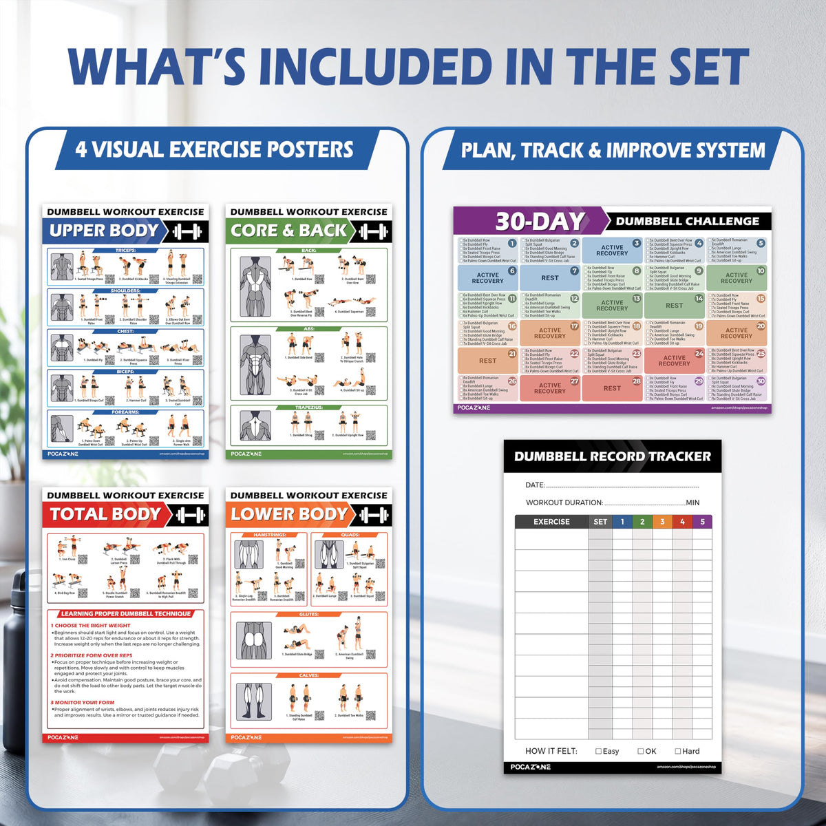 POCAZONE Dumbbell Workout Posters, 6 Pack Exercise Charts & Video Guide