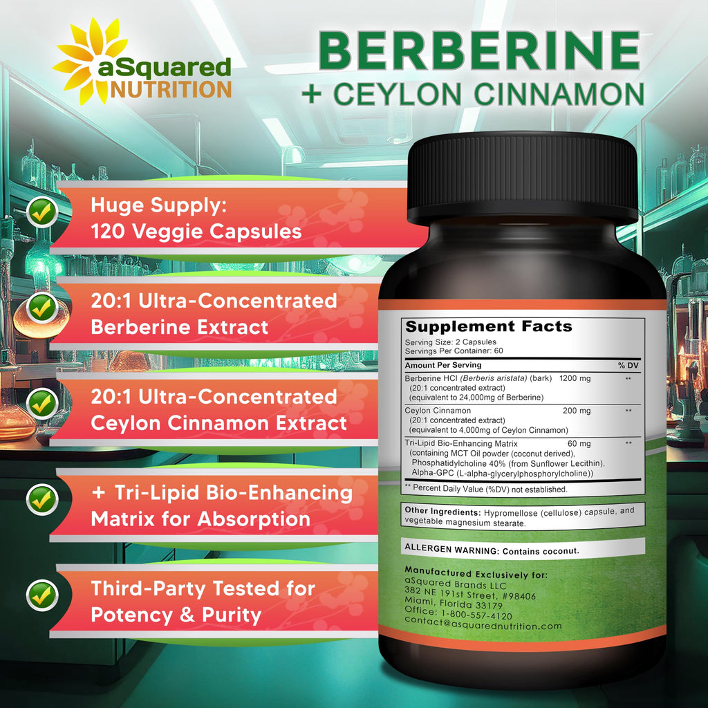 Berberine with Ceylon Cinnamon Supplement - 120 Capsules - 1200mg/Serving | Max Strength Berberine HCl Plus Complex - Premium Pure Extract Pills Alternative to Gummies, Drops & Patches