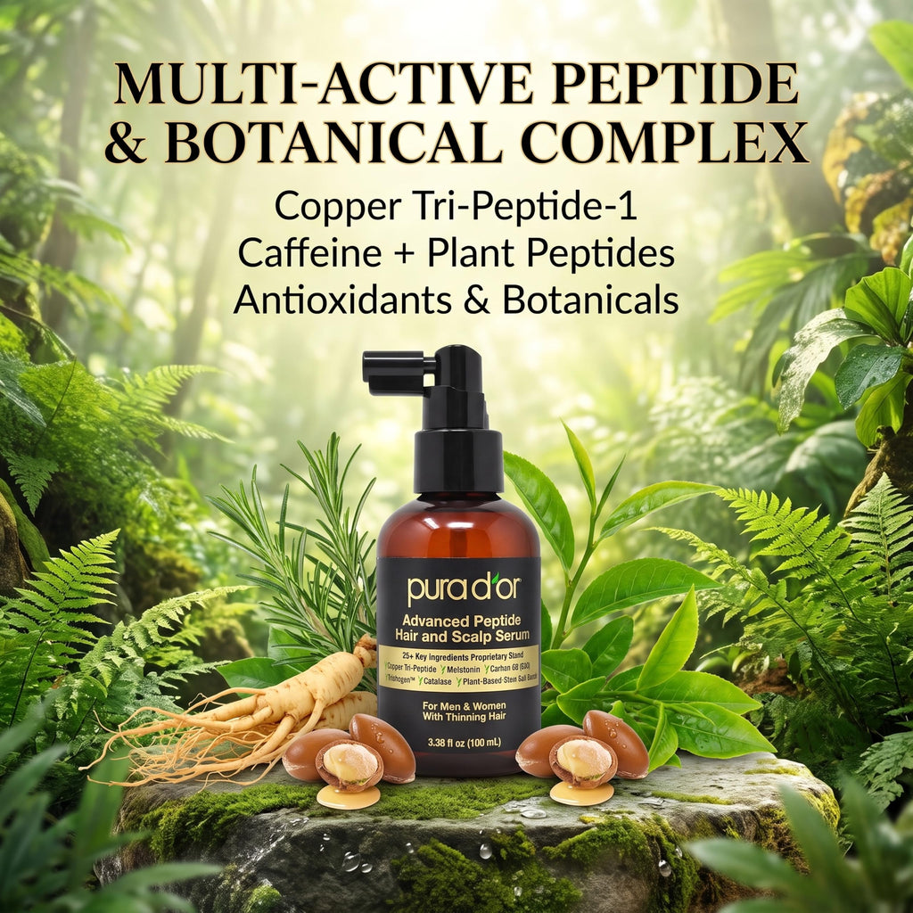PURA D'OR Advanced Hair & Scalp Serum – For Hair Thinning with Copper Tri-Peptide, Caffeine, Botanical Extract Blend, Fuller Appearance Strands – Vegan, Men & Women 3.3 Oz Ayurvedic Hair Care