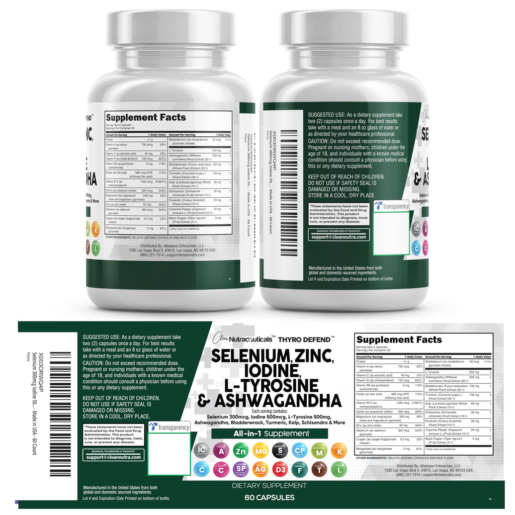 Clean Nutra Selenium 300mcg Iodine 500mcg Thyroid Support for Women & Men | L Tyrosine 500mg Ashwagandha Supplement Bladderwrack, Turmeric, Kelp, Schisandra Zinc Pills Capsule Supplements