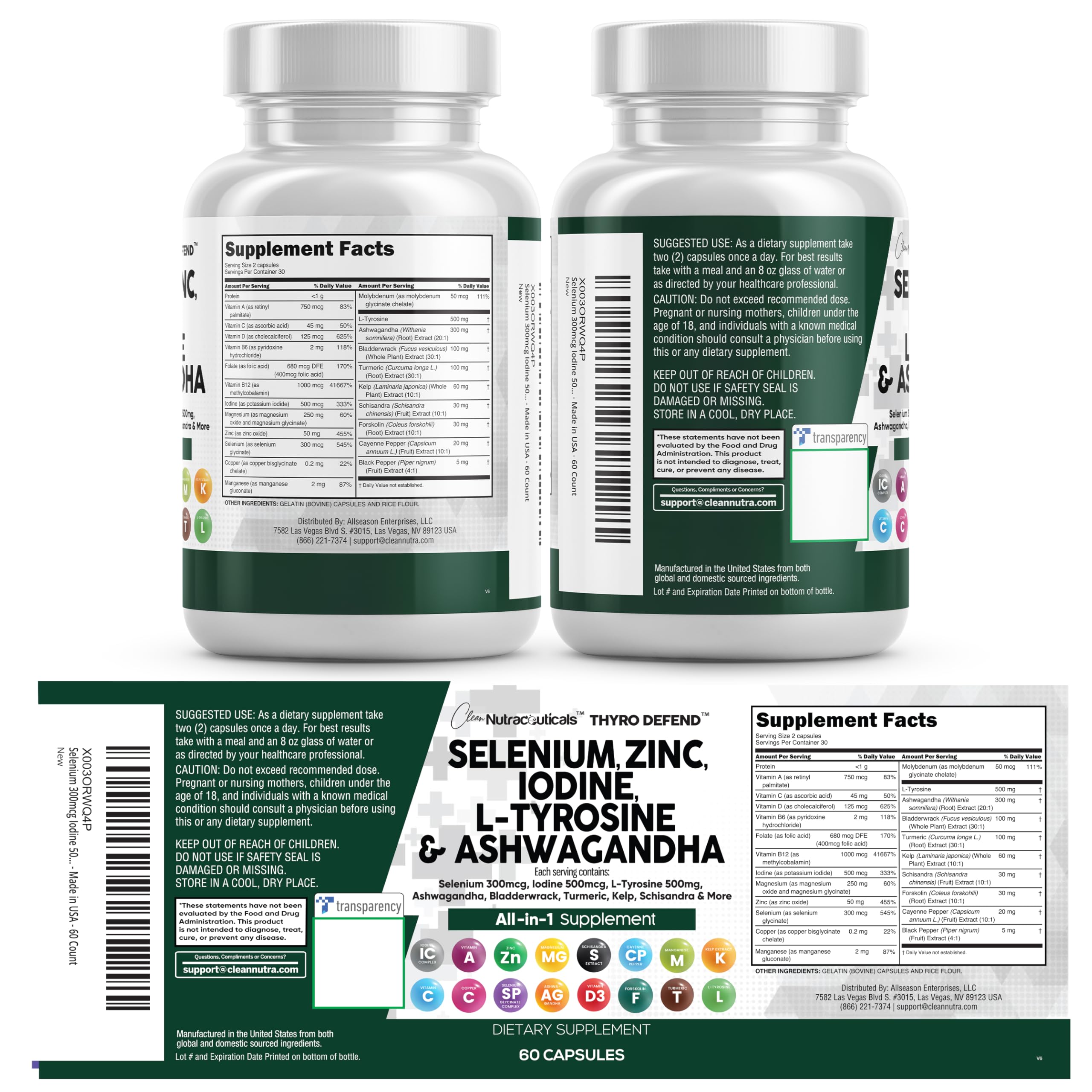 Clean Nutra Selenium 300mcg Iodine 500mcg Thyroid Support for Women & Men | L Tyrosine 500mg Ashwagandha Supplement Bladderwrack, Turmeric, Kelp, Schisandra Zinc Pills Capsule Supplements