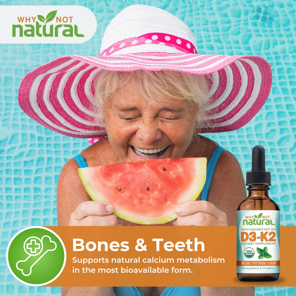 Why Not Natural Organic Vitamin D3 K2 (MK-7) Liquid Drops, 5000 IU of sublingual D3 with Coconut MCT Oil, for Strong Bones and Teeth, Heart and Immune Support